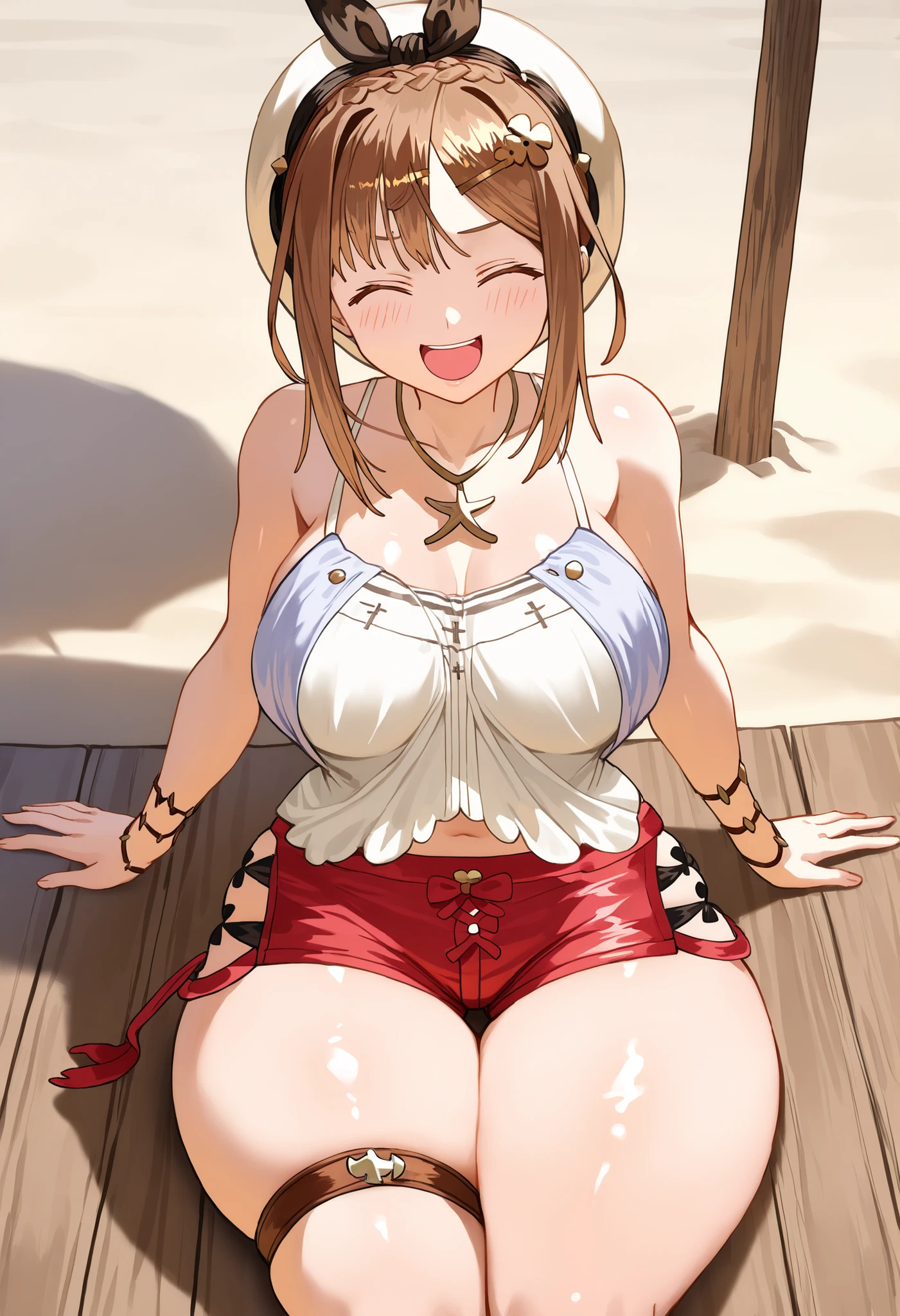 Masterpiece, top quality, Hi-Res, very detailed CG , 2nd Default, asymmetrical design costume, Bare Thighs , belt,, (teeth:0.4), is laughing, beach,1teen young_girl,white_camisole,large_breasts,large_thighs,short_shorts,apart_legs,raise_fist,sitting_on_wood_deck, (pectineus_muscle:0.2),thigh_strap,,(Reisalin_Stout),(\Atelir_Ryza)