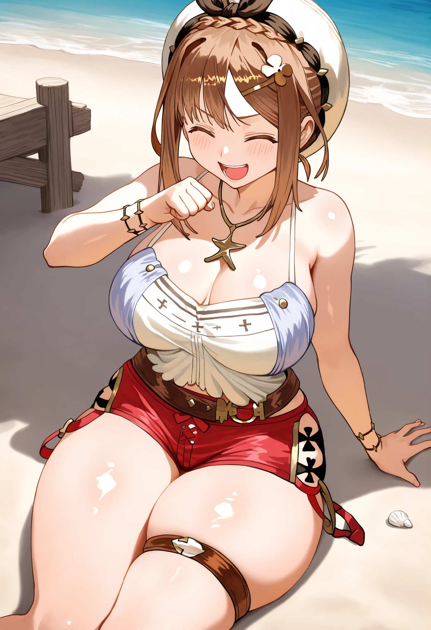  Masterpiece,  top quality,  Hi-Res,   very detailed CG , 2nd Default,   asymmetrical design costume,  Bare Thighs , belt,, (teeth:0.4),  is laughing,  beach,1teen young_girl,white_camisole,large_breasts,large_thighs,short_shorts,apart_legs,raise_fist,sitting_on_wood_deck, (pectineus_muscle:0.2),thigh_strap,,(Reisalin_Stout),(\Atelir_Ryza)