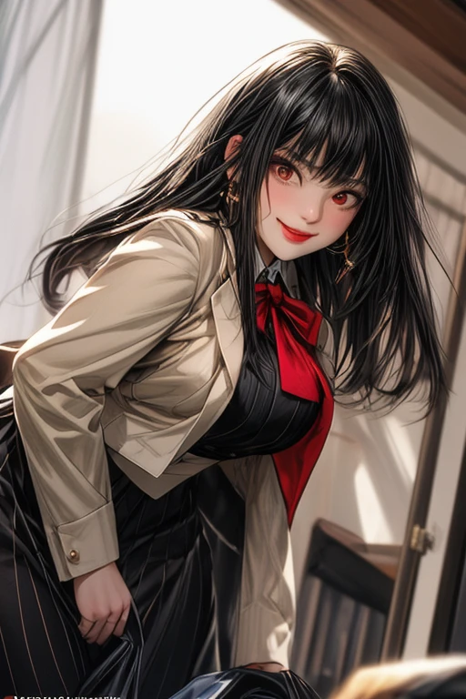 long black hair with hangs, red almet, beauty face, cute face, big ,Cute face, long clothes
