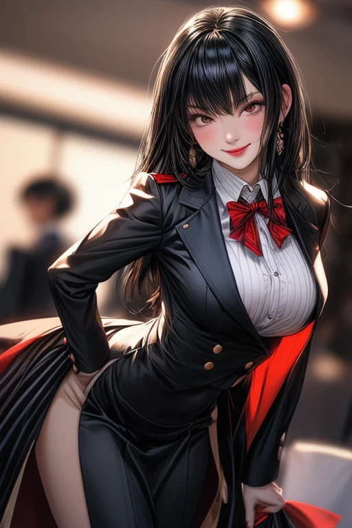 ((Best Quality)), ((masutepiece)), (Detailed),(highlight), Perfect face Young girl with detailed face showing cleavage、Red eyes and long, thick, glossy, beautiful black hair with blunt bangs、Single-color background、Standing student council president wearing blazer and miniskirt school uniform