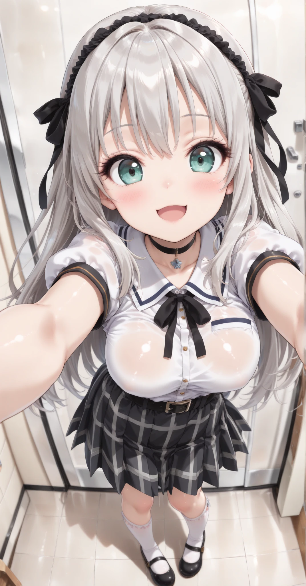masterpiece,16k,8k,Delicate expression,highest quality,high resolution,High resolution,Sweat,1girl,look at viewer,blush,happy smile,sweat stains,fish eye lens,cowboy shot,summer,from front,from above,(pov:1.4),fisheye lens,upper body,show your oral,open mouth,long tongue out,show off armpits,sleeveless,pool,