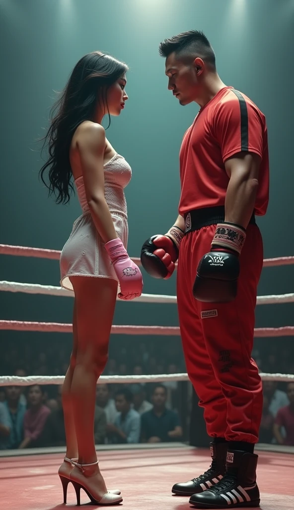 A beauty naked Maria Ozawa fighting versus naked Boxer Mani Pacquiao on the ring boxing stage scene, beauty huge breast detailed, nipple detailed, pubic hairs detailed, dark hairy pussy detailed, vagina detailed, Boxer Mani Pacquiao with penis detailed, vivid colors