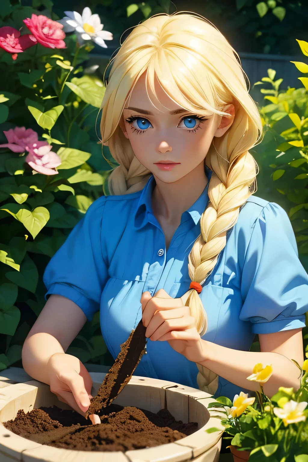  beautiful girl . blonde . blue eyes . blslavya, blue eyes, blonde hair, twin braids, Working in the garden . Something is digging .