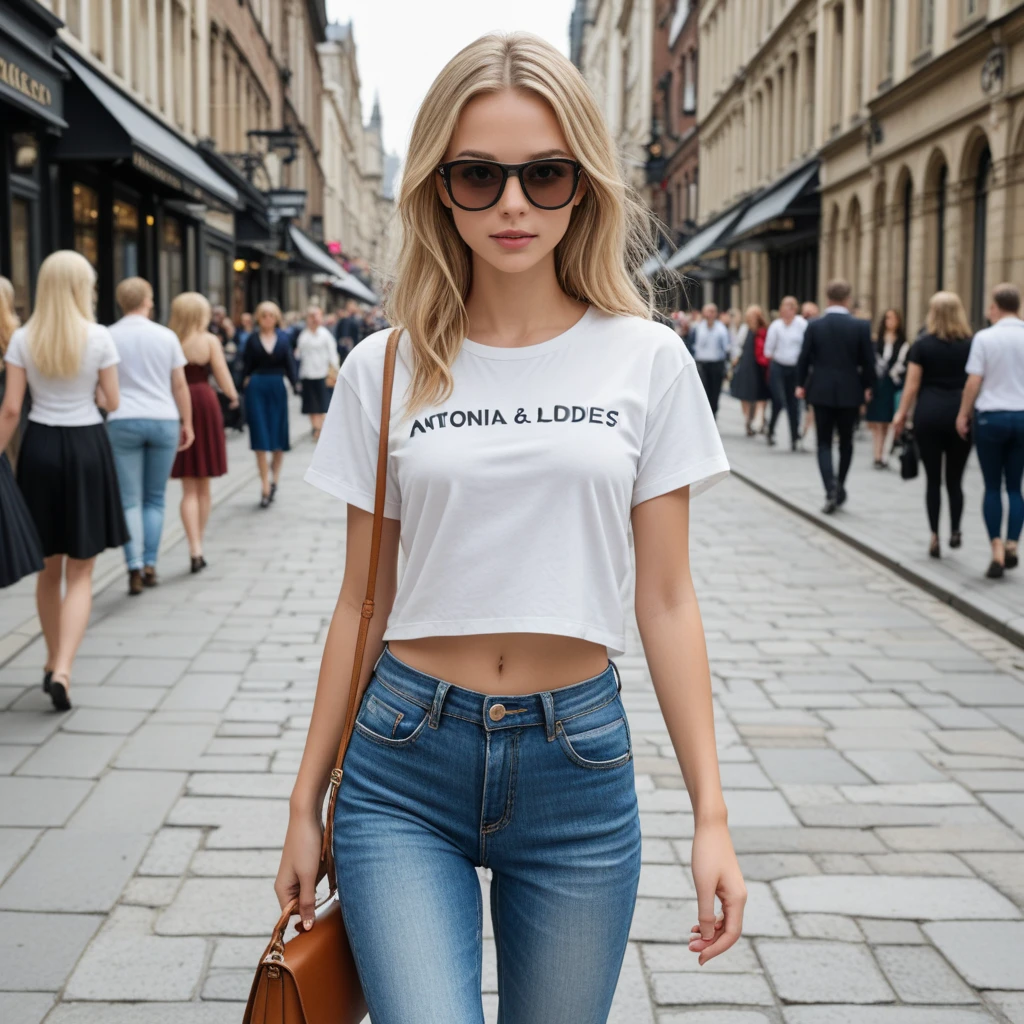 In style of Victoria secret.A 30-year-old gorgeous beautiful stunning pretty dark blonde wavy hair mix (balinese/british) gorgeous woman wearing t-shirt and jeans shorts, busty buxom,female hourglass body,Art photography by Ana Dias,Eva Disenko,Peter Lindbergh,Ellen von Unwerth,Herb Ritts , Hajime Sorayama.
