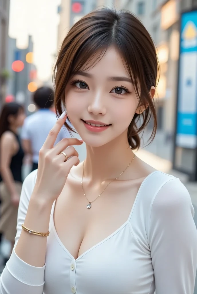 8K, On the table, RAW photogr, Best quality at best, realisticlying, Highly detailed CG Unity 8k wallpaper, depth of fields, 电影灯光, lens flare glow, Ray traching, (Extremely beautiful face, beautifullips, pretty eyes), Intricately detailed face, ((Ultra-delicate skin)) 1 girl in, deepshadow, Beautiful Korean girl, K-pop idol, 1 girl, ((looking at viewert)),(Hefty Smile:1.3), (vague background), dim murky lights), (no people in background:1.3), Beautiful earrings, bangle, a necklace, Clear eyes, Street photography , Front Shooting, (pale-skinned), (largeeyes), (Bust photo), (brown hair), White knitwear,