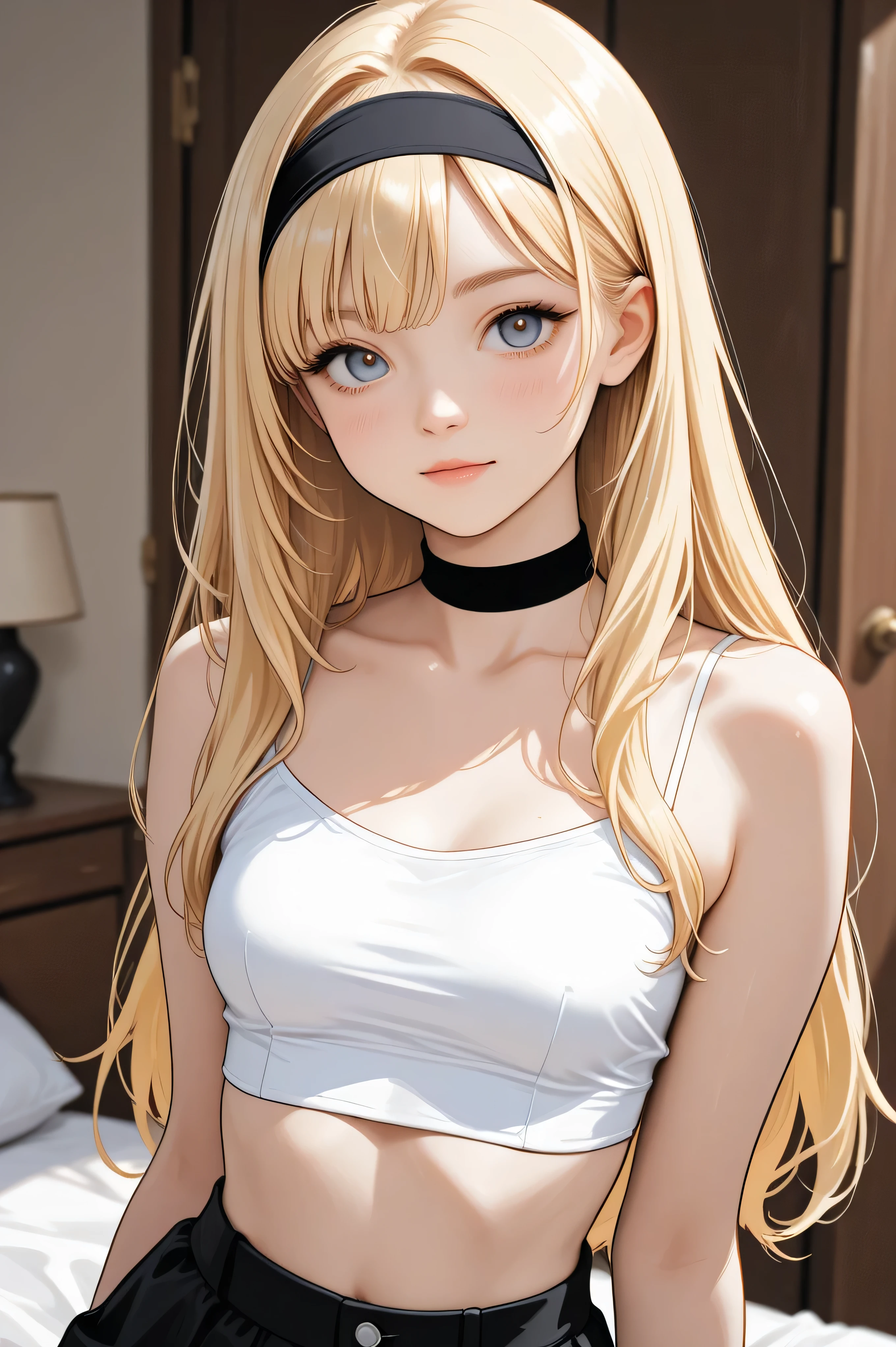 young blonde girl in white cropped top and black headband 