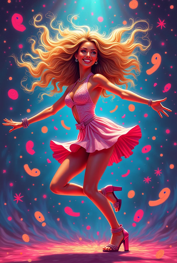 Caricature of a party entertainer wearing a sparkly costume with a slim build. With long hair and a sweet face