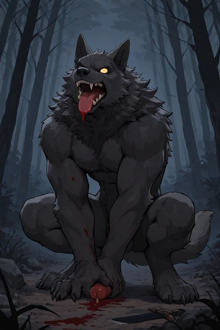 werewolf, mate, scar on the chest and eyes, red eyes, mascular, dark forest, full moon, naked, pussy play, precum
