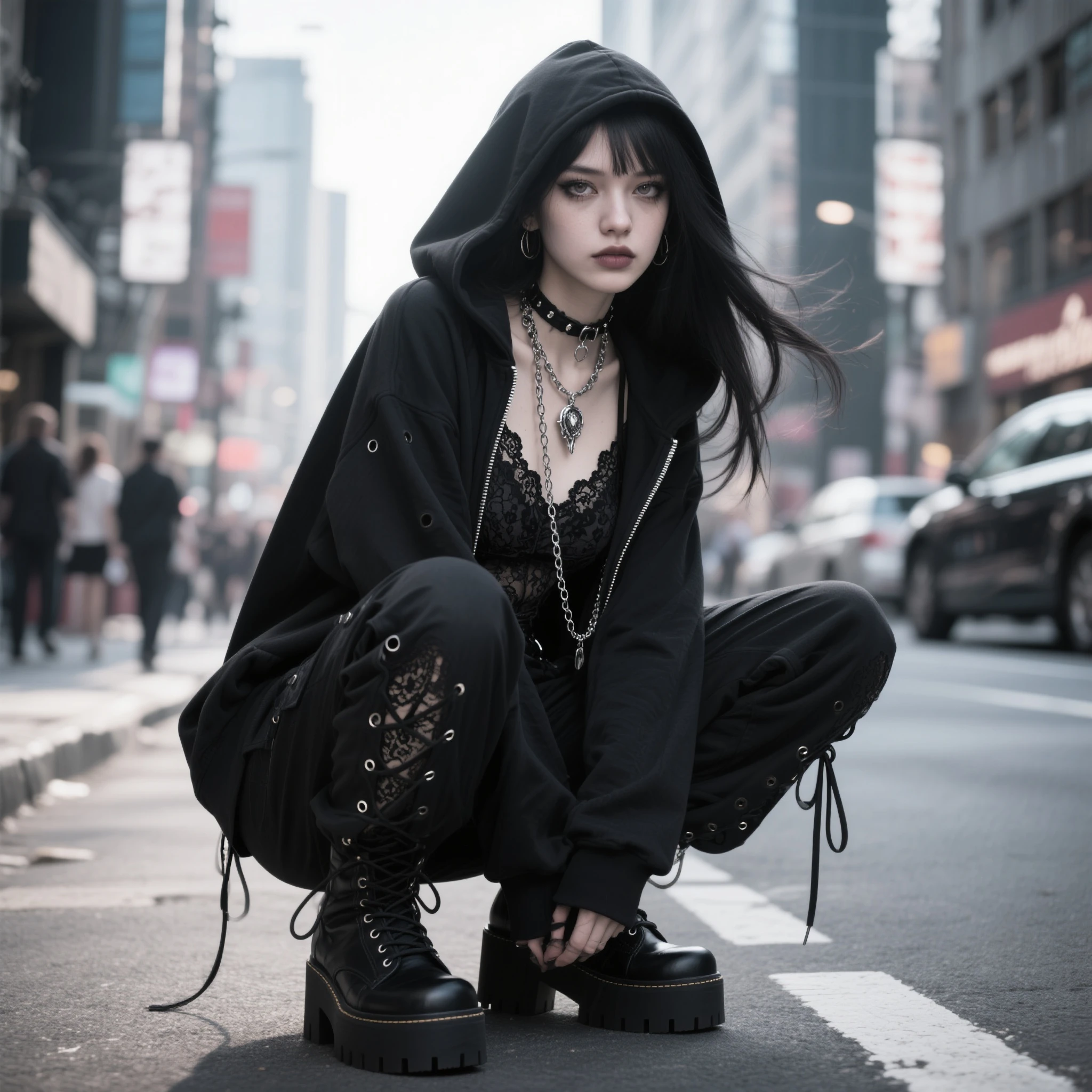Goth_punk, DSLR camera shot of beautiful Caucasian girl with long hair and long bangs, sitting down, sharp focus, beautiful hazel eyes, disheveled hair, hair in face, outside at a college university, some color in hair, autumn color in background, bokeh