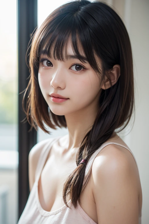 (Highly realistic photos, High resolution, Detailed face, Fine Eyes), ((Photographed in front of a white wall))、Japanese women, OL, Closed mouth smile, alone:1, Slim figure, Beautiful straight long hairstyle, Only one person is in the photo、nude、Completely naked、Photographed in natural light、Simple Necklace、Don't look at the camera、profile、Pink brown hair color、A tied up ponytail、Moles all over the body、Sitting on the floor、Childish, Big face, Closed mouth smile、Waist、The photo shows the body from the knees up、Spread your legs、Waist、Firm Abdomen、Rope Bondage