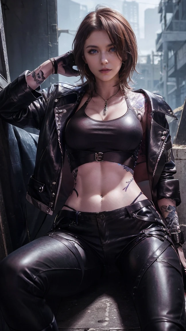 1girll, future warrior,cabelos preto e longos,flowy,crisp breasts,Beautiful thighs,Tattooed with,Chest bumps,Colored square sunglasses,Black tight-fitting one-piece leather jacket throughout,Black boots,There are round metal rings at the wrists and ankles,epcot,cyber punk perssonage,Detailed background,Clothing details,perfectly proportioned, Cinematic lighting, filmgrain, Fuji colors, lightand shade contrast, 8K, 巨作, Textured skin, Super detail, high detal, high qulity, A high resolution,
