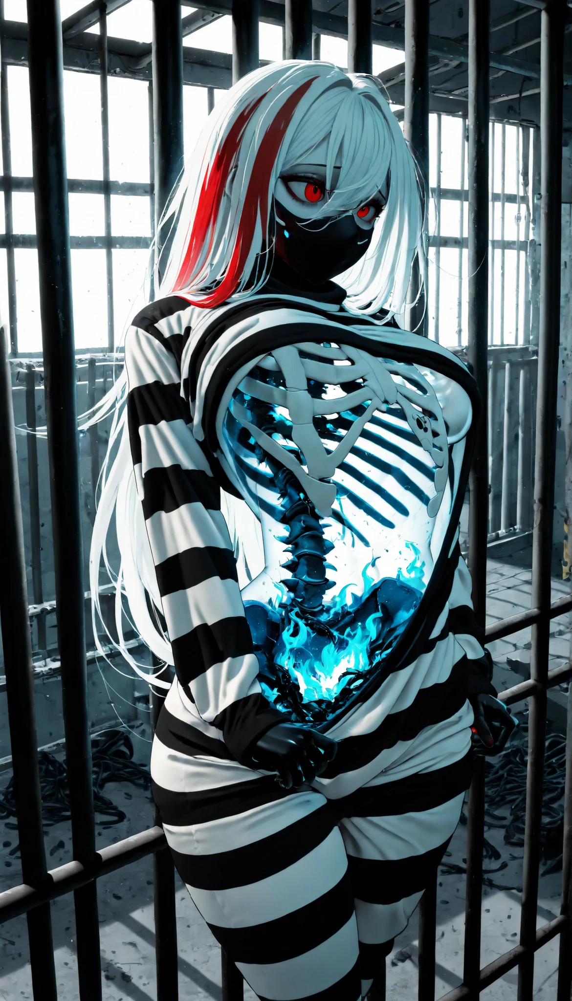       masterpiece  ,     envelopes ,       very aesthetic   ,     white hair with red highlights    ,   red eyes looking at the spectator ,  bird &#39;view of s,  black and white striped sweater fitted to your body,  manos en los bars, sexy,broad breasts ,standing, very shy, cell, clear body ,skeleton,ribs,(bars)),Fire Witch,Bones with blue flames