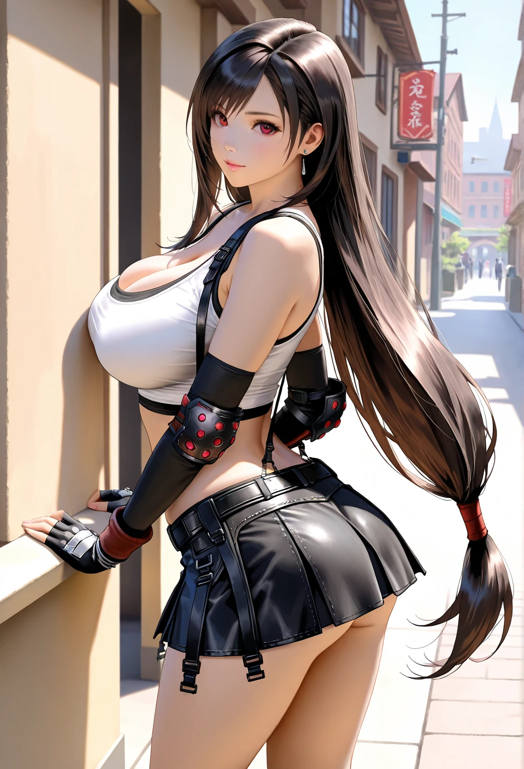 ((8k, best quality, masterpiece:1.2), ultra-detailed, (high brightness:1.3), (high contrast:1.1), (high saturation:1.1), (anime screencap:1.20), 1 girl, (hokko tarumae\(umamusume\)), (long hair:1.2), (animal ears, horse girl), green eyes, black hair, blunt bangs, horse tail, ((multicolored hair, streaked hair)), brown eyes, long hair, ((horse ears)), bangs, ((twin braids:1.10)), cute, ((beautiful eyes:1.2)), (cute eyes:1.2), ((Detailed details eyes:1.5)), cute, (((saggy gigantic breasts:1.20))), (puffy nipples:1.10), hair bow, ((((official alternate costume:1.30))))), ((baseball cap:1.5, ears through headwear:1.10)), black headwear, (((shiny black jacket, zipper, long sleeves))), (((black crop top:1.30))), (((midriff peek:1.30))), (((ultra low-rise grey pants:1.30))), (((upper buttocks:1.30))), (((Thong:1.30))), ((cute smile, happy, red blush)), (((full body:1.10)), (((cleavage:1.10))),