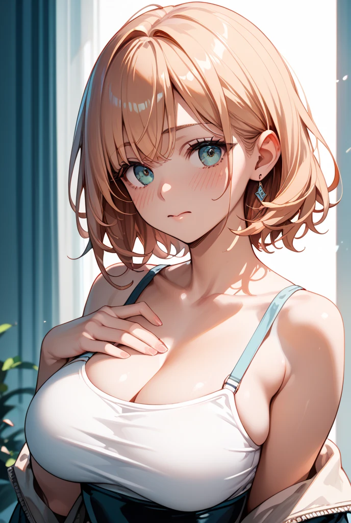 1girl,masterpiece, Awards, high quality, High resolution, HD, 4K,8K,high quality,portrait,simple background,closeup upperbody,white clothes,Independently deformed breasts,shruged,viscous paint,(swiping breasts:1.3),shorts,short hair,oily skin,Slimy Cleavage,(Cleavage Bulge,deformed to flat breasts:1.4),(Medium breasts:1.2),Compressed chest,Micro Bikini,