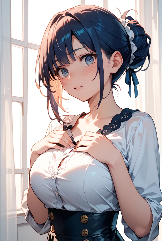 highest quality,masterpiece, (Black Hair:1), (Upward-facing chest, Beautiful big boobs:1.5), (beautiful girl:1.4),Bob Hair,Sexy mole on the corner of the eye,(enjoy:1.6), (It gushes out:1.4), close your eyes,(Squint your eyes:1.4), (Beige V-neck sweater:1),(Uniform 1.1),A red checked bow tie that's falling off, (Upper Body Shot:1.3), (On all fours on the bed), Realistic Background,