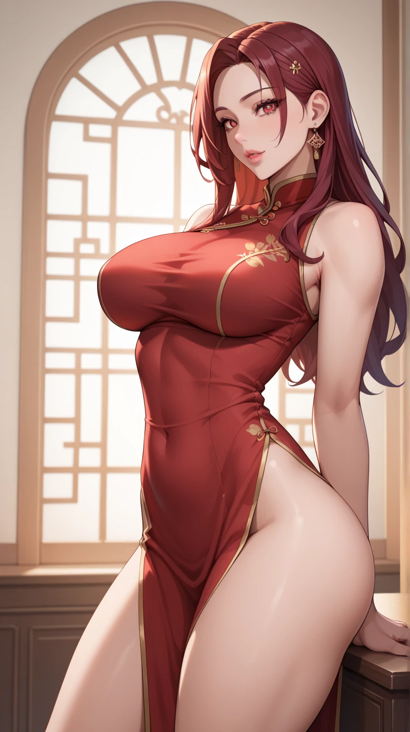 1 woman, best quality, ultra-high resolution, nsfw, hyper-detailed, intricately detailed, art, anime style, beautiful mature woman, 6'5" tall,, mature woman around 28, white woman milf, blood red hair, long straight hair, piercing blood red eyes, ultra realistic eyes, detailed eyes, elegant, compassionate and adorable;, beautiful and the most beautiful woman ever, above average (modest) bust, slim waist, woman wearing a Chinese oriental dress red that fully covered her bust, red women's silk pants, with black details, perfect body, fit body, natural body, wide hips, beautiful skin, shiny skin, sexy, Woman looking at the viewer, imposing facial expression is sexy, beautiful face, perfect face, Standing in a lush and mysterious Chinese oriental pavilion, Sun highlighting her body, fantasy, looking at the viewer with a proud expression, cowboy photo, portrait, alone, detailed body, detailed hair, detailed face , ready for a fight to protect you, she loves you more than anything, she will fight for you