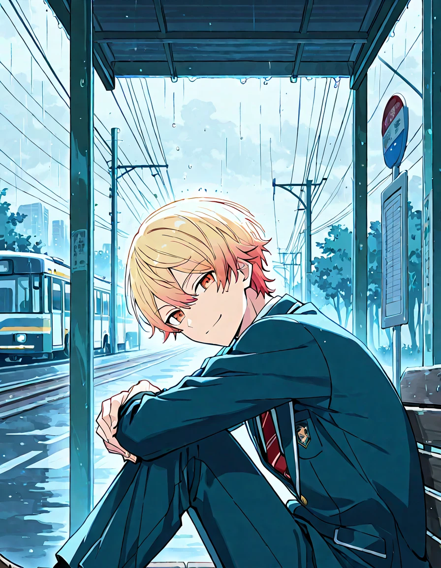 
score_9, score_8_up, score_7_up,face focus,portrait,adult male,from side,best quality,1male,male focus,clear backgroud,a small bus stop next to a quiet road,a long straight road stretching into the distance,vanishing point perspective,bus stop in the rain,raindrops falling,cinematic lighting,melancholic mood,overcast daytime sky,soft natural light,quiet suburban street,sitting curled up on a bench,arms wrapped around knees,knees close to chest,(detailed background:1.2), tenma_tsukasa, gradient hair, blonde hair, orange eyes, tsurime, seductive smile, looking at the viewer, blazer school uniform, red necktie,gray long pants