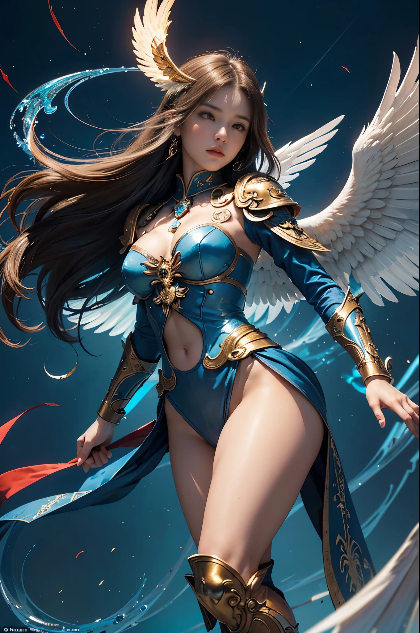 In a heavenly digital painting, a radiant centaur prince stands tall, gleaming with opulence and power. His body shimmers with golden hues, his mane flowing like liquid silver. The cupid princess like angel riding it. Her thin clothes blowing by the wind. The bow and arrow in her hand are ready to shot. The background is a surreal paradise of vibrant colors and swirling clouds. Every detail is exquisitely rendered, from the intricate patterns on his armor to the reflection of light in his piercing sapphire eyes. This high-quality image captures the essence of majestic beauty and otherworldly grace.