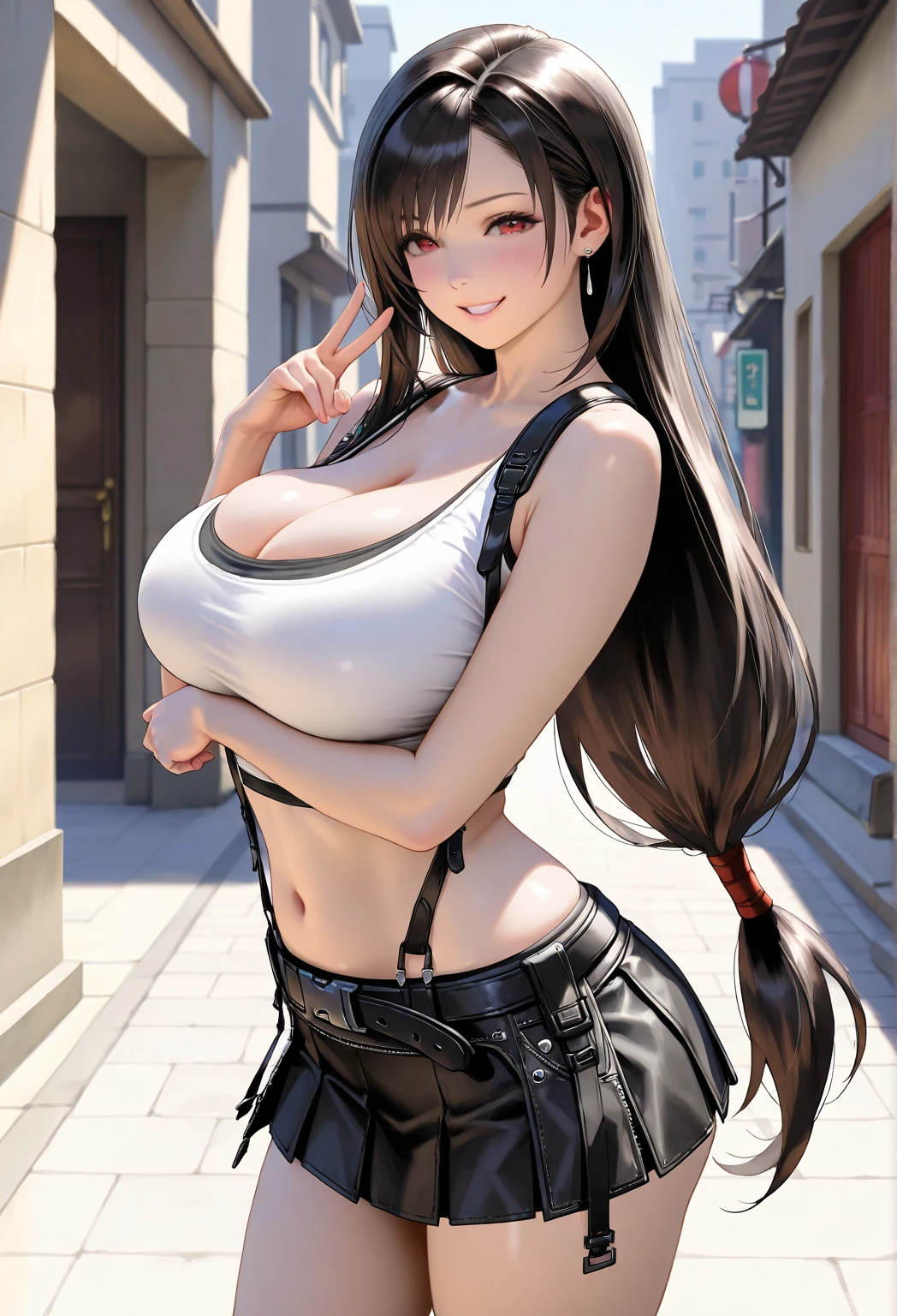 One busty girl with big breast and a big butt in a tight revealing skirt and in a crop top sort that shows her nipples