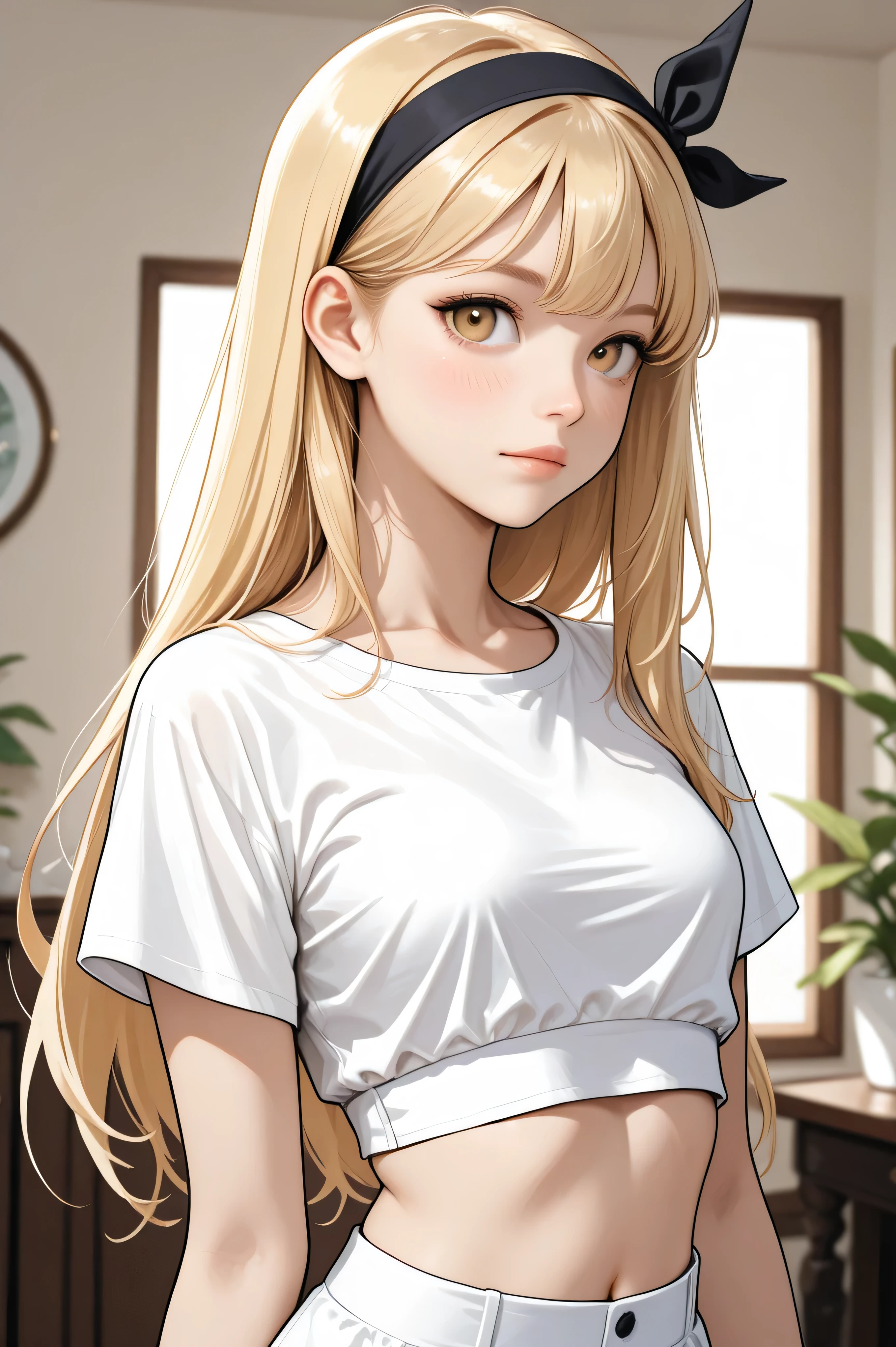 young blonde girl in white cropped top and black headband