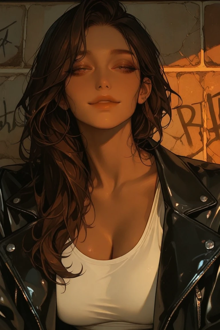 masterpiece, highres, screen shot, best quality, 1girl, (scar on left eye), white cropped jacket, cleavage, highly detailed, rule of thirds, jewelry, long hair, bangs, hair between eyes