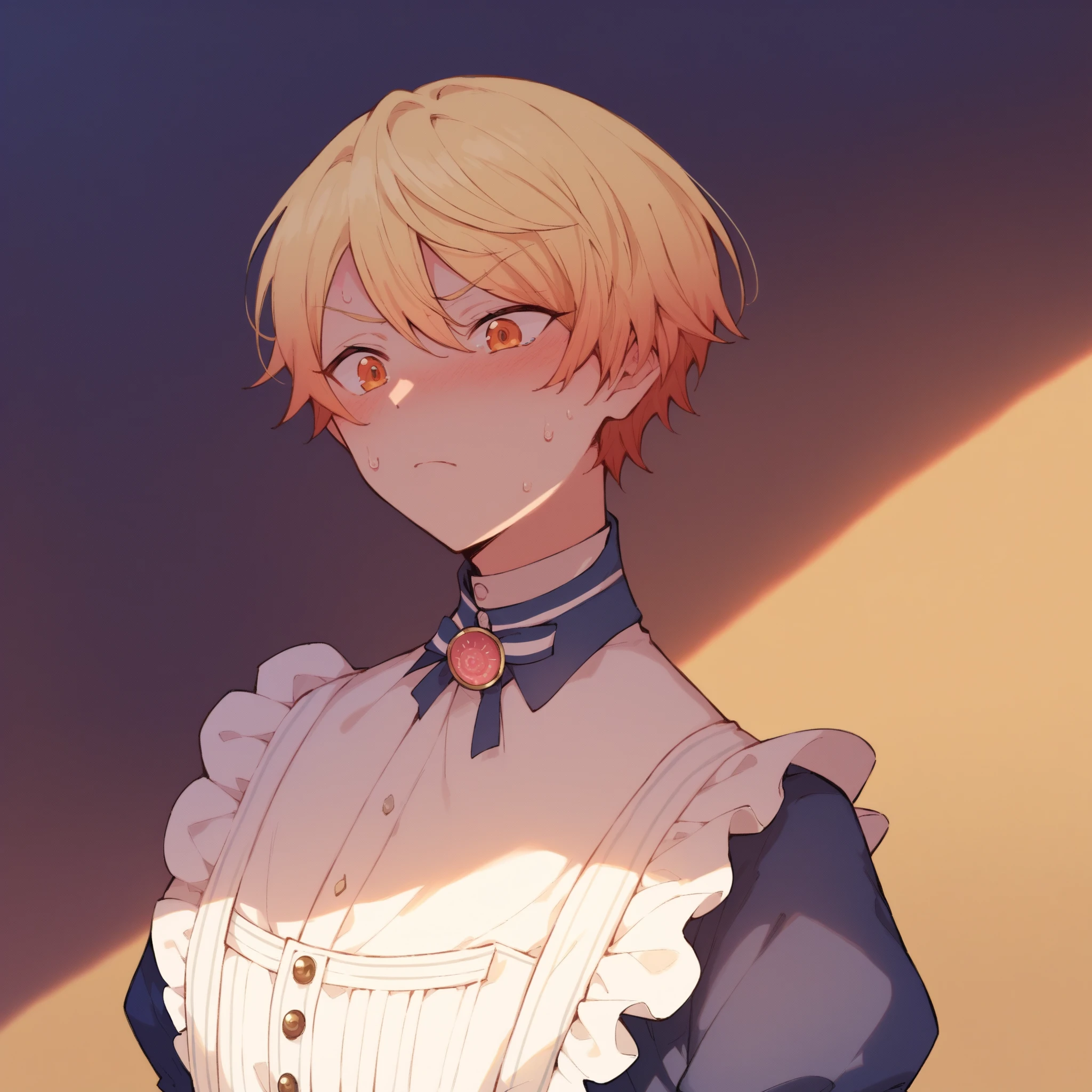 tenma_tsukasa, gradient hair, blonde hair, orange eyes, dressed in a maid's uniform, a strong blush, embarrassment and indignation on face.