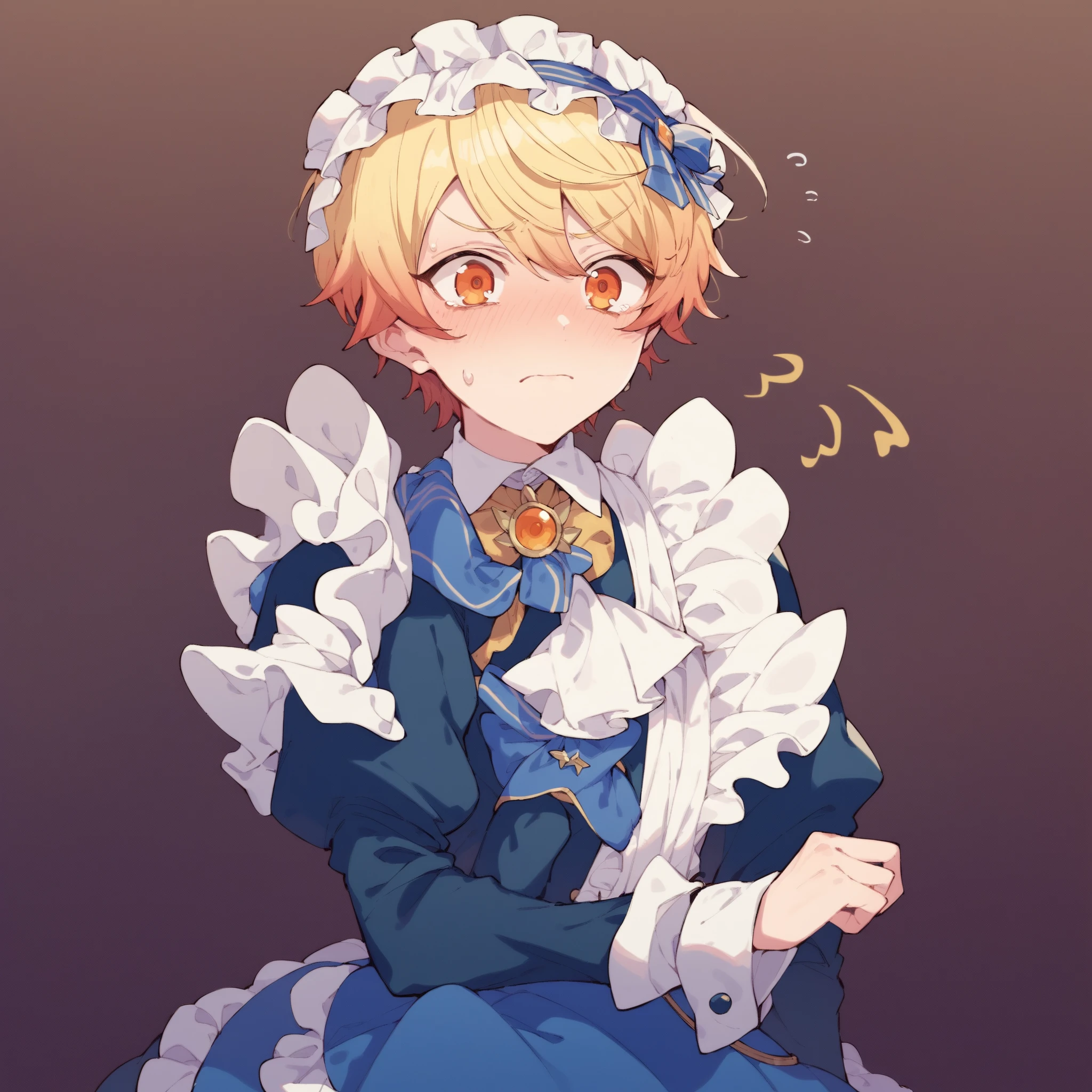 tenma_tsukasa, gradient hair, blonde hair, orange eyes, dressed in a maid's uniform, a strong blush, embarrassment and indignation on face.