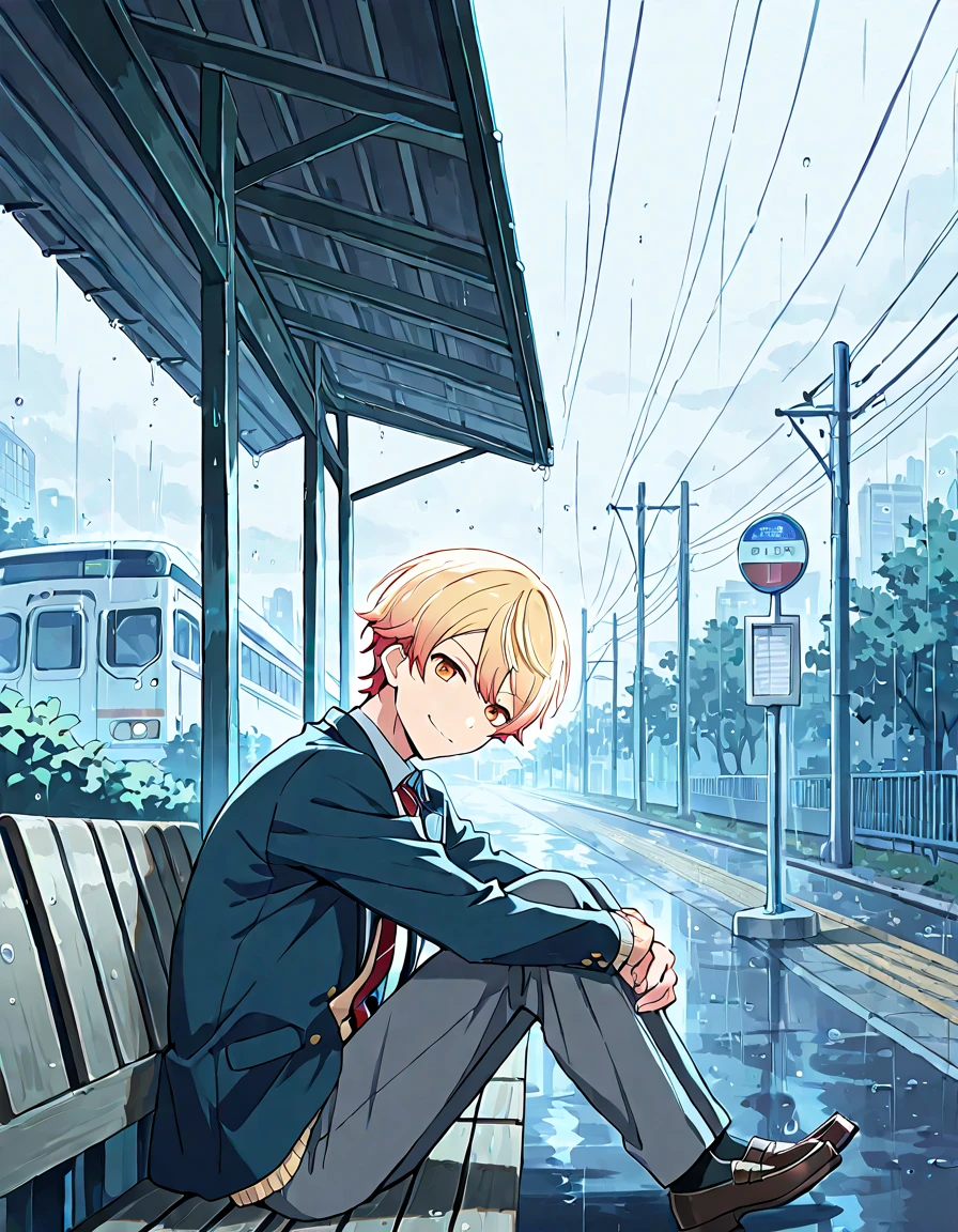 
score_9, score_8_up, score_7_up,face focus,portrait,adult male,from side,best quality,1male,male focus,clear backgroud,a small bus stop next to a quiet road,a long straight road stretching into the distance,vanishing point perspective,bus stop in the rain,raindrops falling,cinematic lighting,melancholic mood,overcast daytime sky,soft natural light,quiet suburban street,sitting curled up on a bench,arms wrapped around knees,knees close to chest,(detailed background:1.2), tenma_tsukasa, gradient hair, blonde hair, orange eyes, tsurime, seductive smile, looking at the viewer, blazer school uniform, red necktie,gray long pants