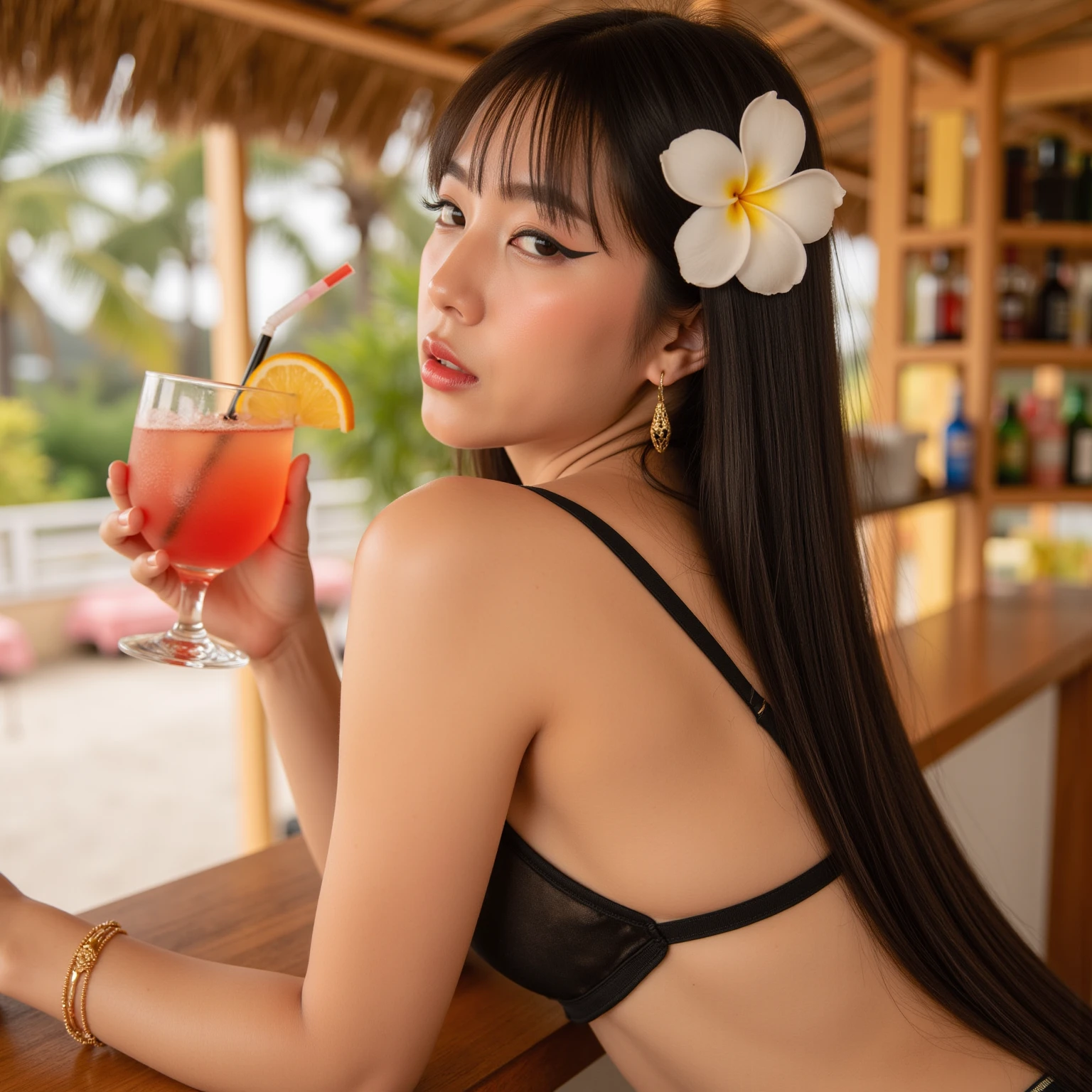 A woman in a blue bikini sitting on a couch holding a drink, a 30-year-old Cuban, profile picture, Violet Myers, Alanis Guillen, Paradise in the background, Marischa Becker, taken in 2 0 2 3, mixed art, taken in early 2023 tropical colors