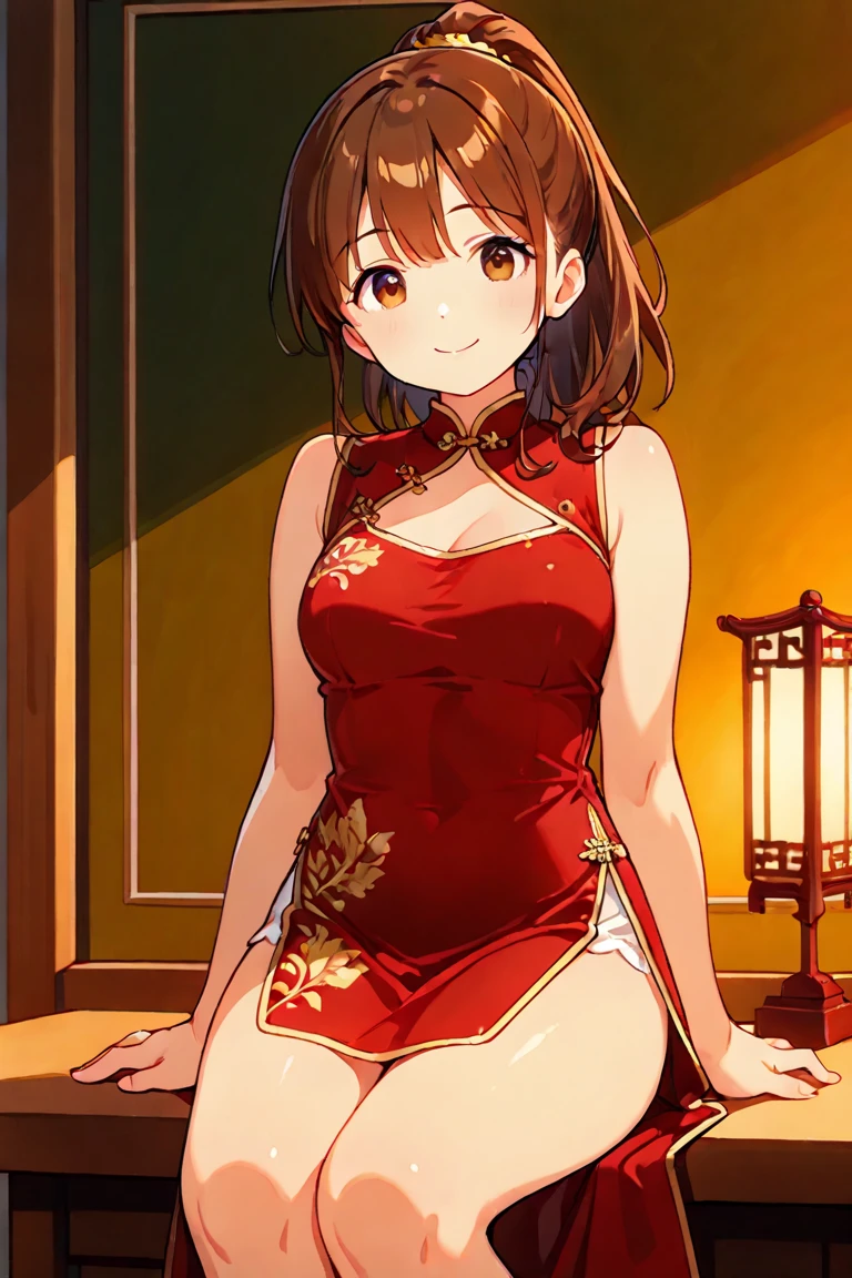 Takagi-san、Shiny brown hair, Long Hair,Forehead、Center part、 Beautiful brown eyes、smile、Sparkling eyes, (fine grain)、Very fine eye、Highly detailed face, Highly detailed eyes,


(masterpiece:1.3, Highest quality, 超High resolution, Super detailed), Cowboy Shot、 One woman，Highest quality, masterpiece, High resolution, 


Tabletop,Highest quality,High resolution,The finer details,
blush,curve,Large Breasts,Sweat,Oily skin,(Sleeveless Chinese mini dress with vibrant embroidery),(Luxury hotel room)、、Embarrassed laugh、Slouching and stretching the bottom、Absolute area