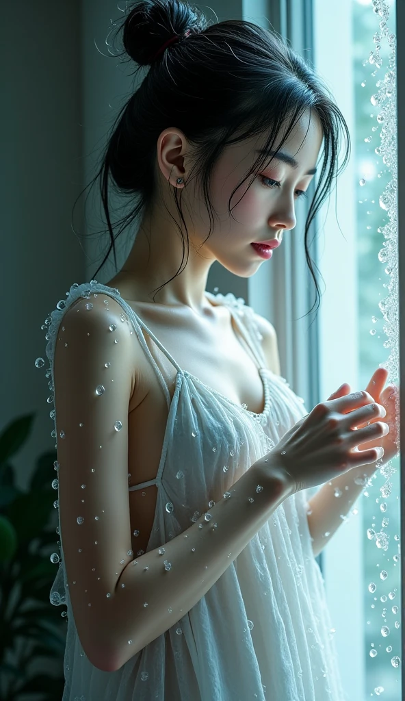 masterpiece、8K、32K、highest quality、(Detailed both eyes)、(cute japanese woman、bangs:1.3)、23 years old、1 girl、elegant、black hair、(olaroid photograph of:1.4)、(huge :1.2)、(get wet:1.3)、Sexy Gravure、(long skirt:1.2)