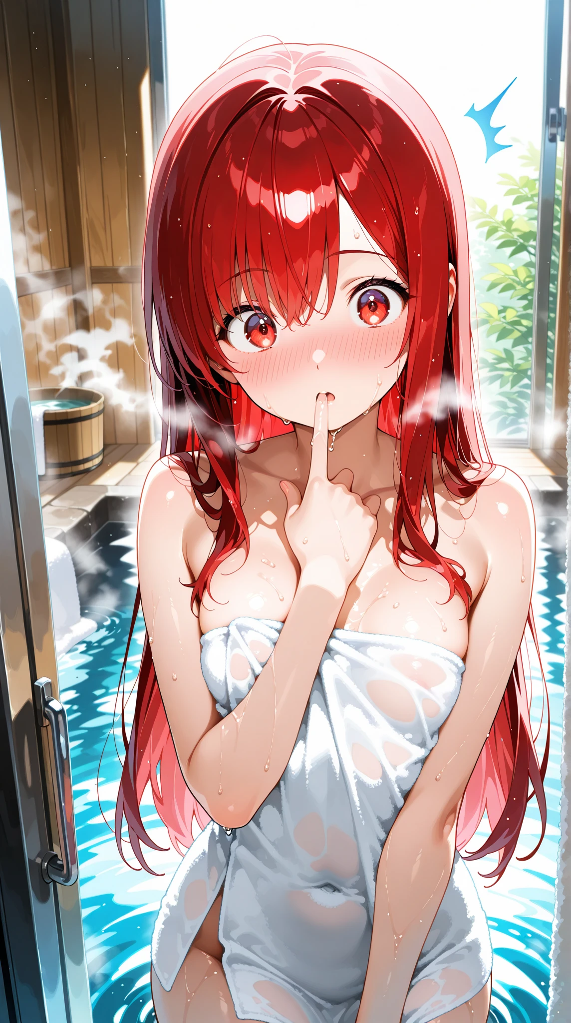 ((((masterpiece、Highest quality、High resolution)、anime)))、Pink Hair、Twin tails、Beautiful breasts、(Dynamic pose)、looking at the camera、(Beautiful detailed face、Beautiful big eyes)、((One beautiful girl))、((Embarrassed face))、Red cheeks、(((High resolutionのフルヌード、High quality hairless pussy、High quality nipples、High resolutionなクリトリス)))、(((Blushing with a bitchy expression)))、Soak in hot spring waters at a Japanese hot spring facility、Light from the front、Kissing Face