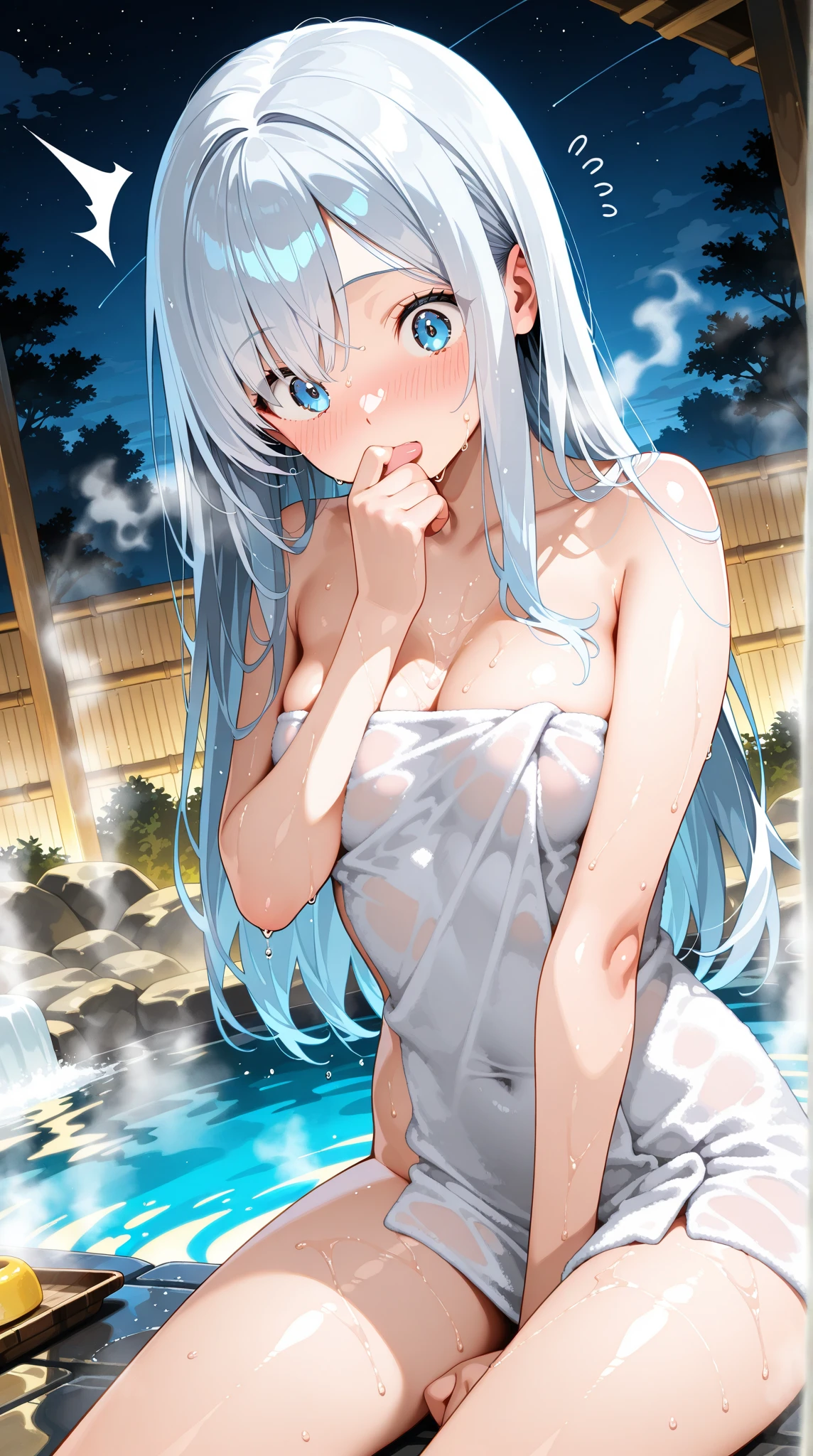 1 girl,White长发,pajamas,blush,Look at the audience,soaking wet,heavy rain,soaking wet,White