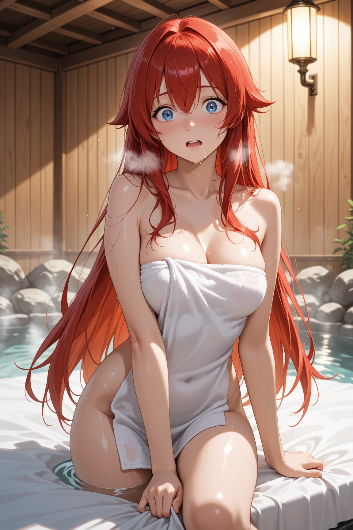 red hairs、hime-cut、Golden Eyes、eye glasses、ssmile、Early teens girl、Smaller chest、Thin pubic hair、Open the white robe、Opening legs、hot onsen、low angles