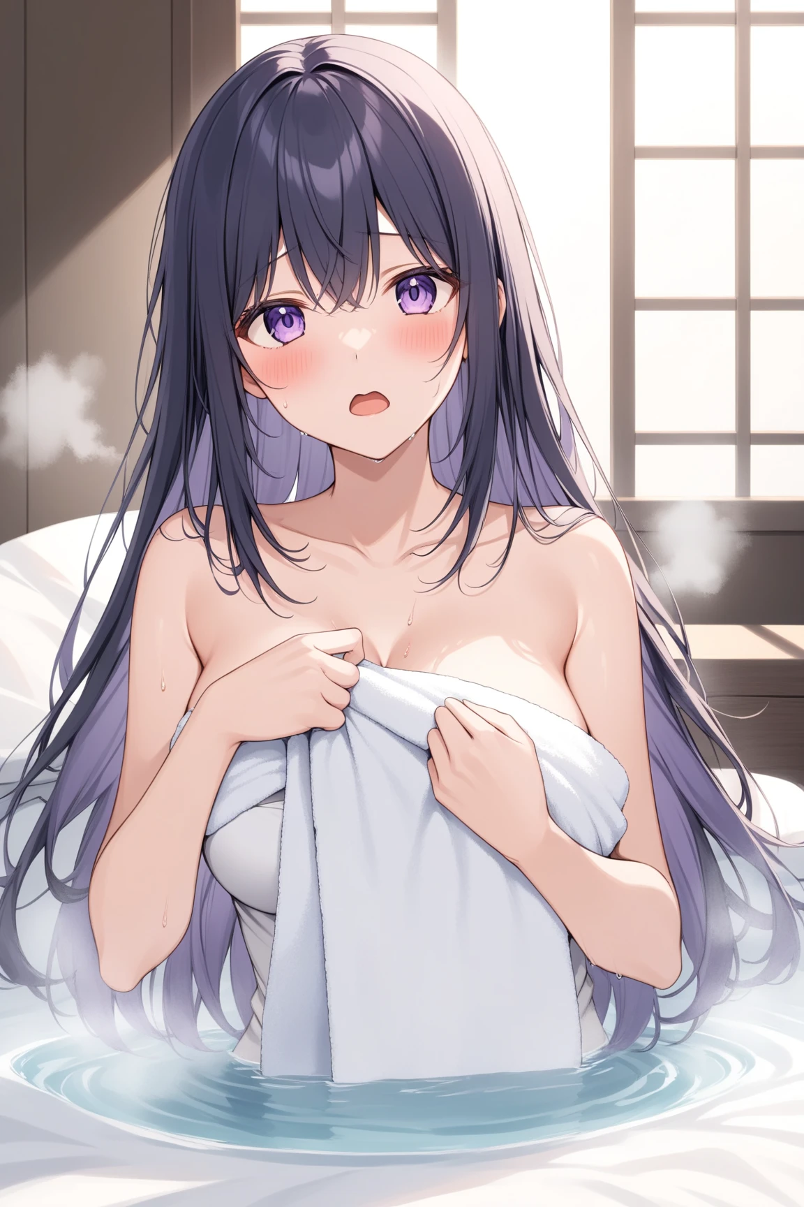 Curvy blue eyed girl with long wavy black hair and small breasts, (cruel_expression):4.0, nudity:1.5, torn clothing
