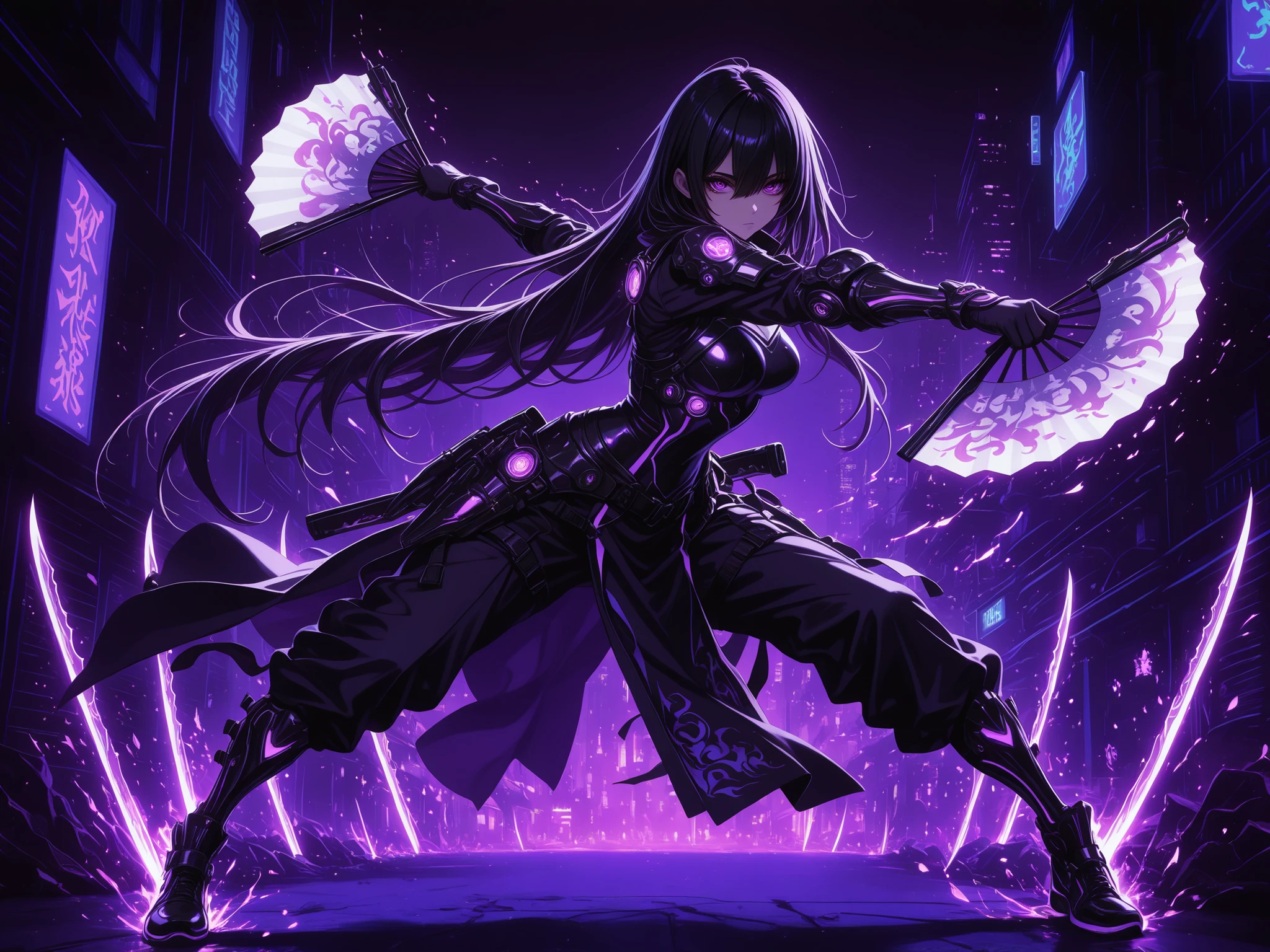 neon art, neon lineart, colorful neon lineart, neon silhouette, silhouette, neon colors, glowing, glow effect, bright outlines, vibrant colors, high contrast, dark background, digital art, 1 woman, sharp purple eyes , multicolored eyes , hair between eyes , long side bangs , black hair with fine purple strands , very long hair , medium breasts , cool, beautiful,
, attire is a mix of tactical combat gear and ornate embellishments, featuring pink, hints of silver, intricate details of her armor-rivets, layered plating, and faintly glowing circuits-are visible even in the dim light, assassin aura, hitwoman, solo, emotionless eyes, bored, looking at viewer, (dynamic pose), (weapon pose, fighting stance), holding weapon, fan, ornament fan, the fan blade looks like lotus petals, the tips of the fan consist of blades, weapon fan, skyscraper, (((dark, purple, black))), full body
