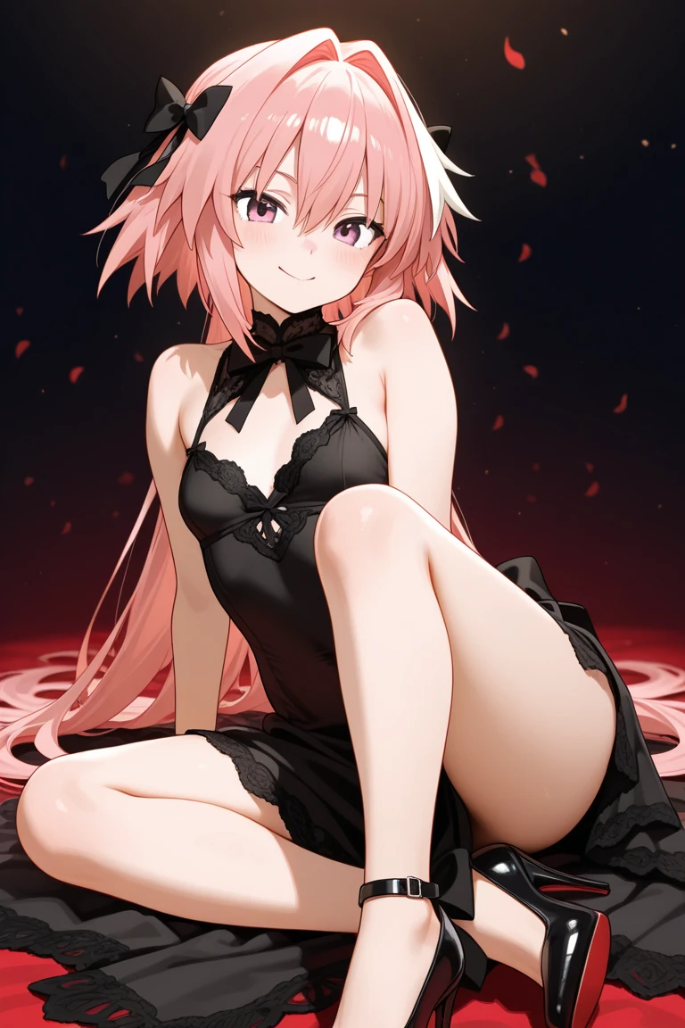 best quality, insanely detailed, nino nakano, breasts, blush, outdoor background, bare-shoulder, looking at viewer, garter strap, a black ribbon, stockings, pussy, smile, lingerie garterbelt