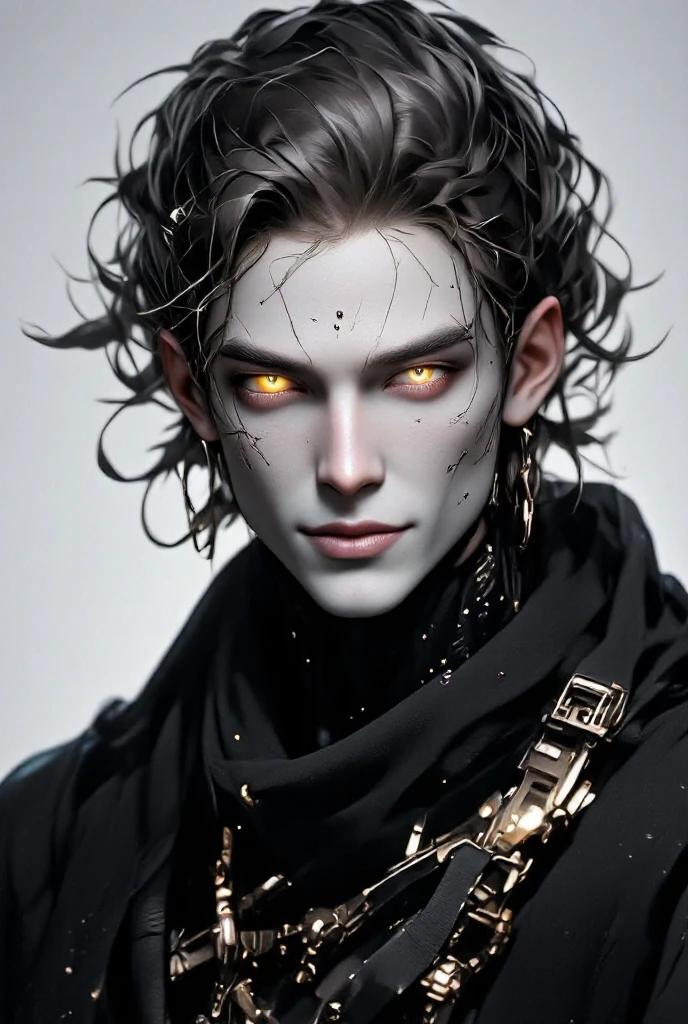 1 male demon with blue skin with very thin horns starting from the forehead, ((hair looking like lightning)) ((with baggy clothes style oriental rpg world)) (perfect human eyes) work of art, best qualityer, (full viwer).