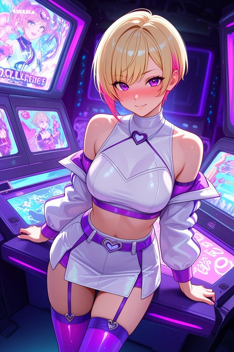 (Hentai drawing), (Elena:1.2) (from street fighter), (8-bit pixel art:1.1), (1990s video arcade), (tall slim athletic black woman), (in arcade game), (light brown ebony woman), (slim athletic:1.2), (arm bangles:1.1), (neck gold choker necklace:1.2), full body, view from front, (white street outfit:1.2), (round breasts), (bubble butt), (wide hips:1.1), (slim waist:1.1), (thick thighs:1.1), (detailed face and eyes:1.2), (short platinum hair:1.1), looking at camera, (background is 1990s video games window arcade:1.2), (detailed background), (perfect nails), (detailed hand and finger:1.2), (medium breasts:1.2), (busty), (deep cleavage:1.2), (labia outline:1.3), (hard teat:1.3).
