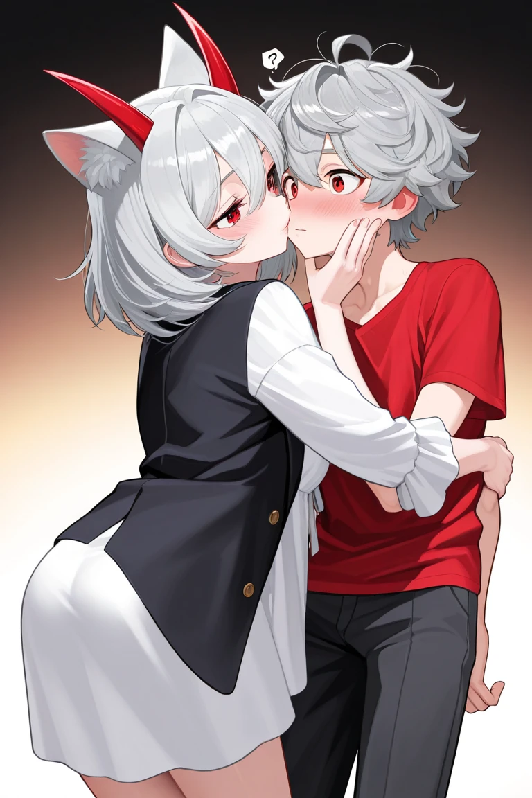 kemoshota, naked scarf, 2 boys, red scarf, dynamic angle, albino white rabbit boys, rabbit boys, rabbit body features, heavy breath, naivety, innocent, collar with a bell, sweat, sweat drops, short statue, short height cub boys, baby boys, 8 years old body features, asking out, huddle, Shota , mascot boys, boys love, mascot, kissing tenderly