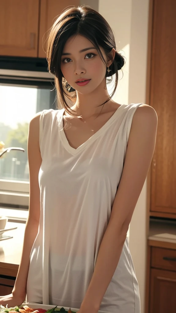Dark brown hair、Light brown eyes、Japanese actress、 Lady、I am about 40 years old..、(Intricate details:1.2)、(Which one is on top??:1.4)、 (Ultra-high resolution:1.2)、Ultra-high resolution、(Fine-tune)、(Detailed facial features)、Hmph、8k解像度、D cup size breasts、Long Hair、Large windows、Extravagant space、relax、、,Full body photo、Head to toe shot、Beautiful legs、Camisole dress、Beautiful legs、A refreshing room filled with sunlight、she, household items,   (plant:0.8), Fashion Hub, Extreme Detail, Very detailed, Realistic, Hourglass-shaped body, Obscene pose,、、私 cry a lot、tears、person on the left、White wall、White floor、diagonally from below、Please lift your chin、テーブルの上にsit、relaxした表情、Pose of Weakness、(auraroid photo:1.2)、From outside the window、Transparent Painting、8k、32K、Highest quality、(Details of both eyes)、1 girl、elegant、(Loose fitting T-shirt :1.4)、sunset、sit、(Low Angle、From what angle do you see this?:1.2)、Hilarious、Leaning against a wall、She tilts her body to one side to reveal her cleavage.、