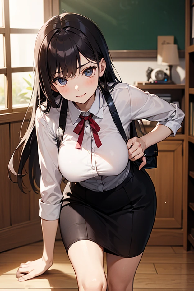 (masterpiece, 最high quality, 超High resolution, Very detailed), (Realistic:1.1, photoRealistic:1.4), Perfect illustration, Perfect lighting,Perfectly detailed hair, Perfect and exquisite face, Perfect collarbone, Perfect body,Juicy breasts, Perfect Thighs, Beautiful legs, View your audience, 1 person,Perfect Face, (Perfect Anatomy, Anatomically correct), Symmetrical face、((Shiny Hair)),Sexy Body、(masterpiece),(最high quality:1.3),8k,Very clear,(Ultra-realistic),Captivating woman,(high quality, High resolution, The finer details), Realisticなスタイルの女性,Juicy breasts、Perfect Woman、Perfect Face、Symmetrical face、Baby Face、Cowboy Shot、((Big breasts))、blush、((Juicy lips))、(((Straight black hair)))、((Large, double-set black eyes、Long eyelashes))、(Red Makeup)、(((White collared shirt、tie、black high waist leggings)))、(Healthy and well-developed body)、((Big tits jk))、(classroom)