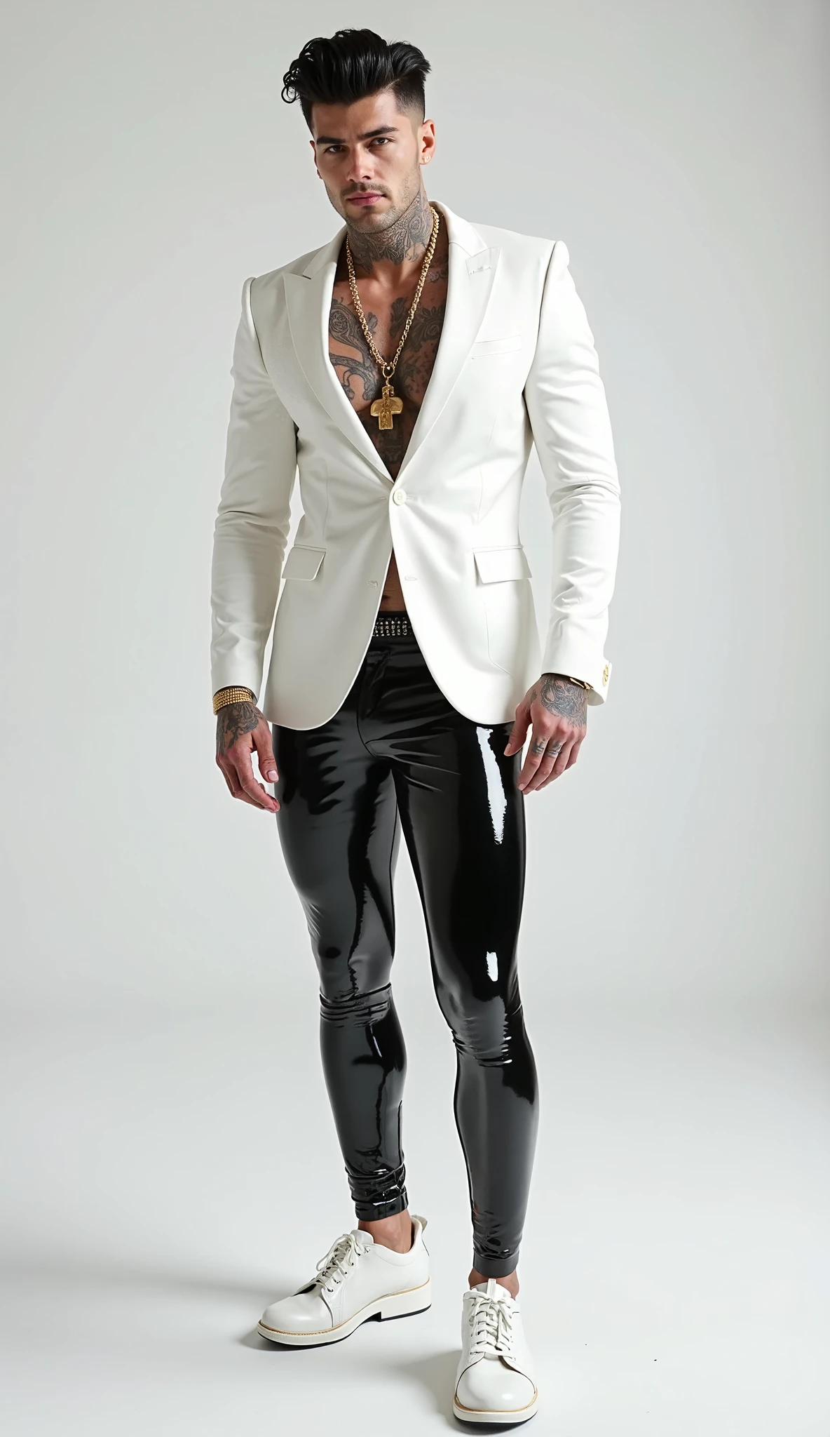 Fullbody standing picture of white skin Handsome muscular horny nude sexy gay man wearing tight skinny shiny white vinyl suit, shiny black Disconnected Pompadour oiled hair style, blue eyes, shiny brown varnished vinyl shoes, brown belt, red lip, chain, tattoos, horny, cum shot, sperm, milking penis, very big penis, very big testicle, shiny oiled skin, orgasm, oversexed, masturbation, standing at white lighting show room