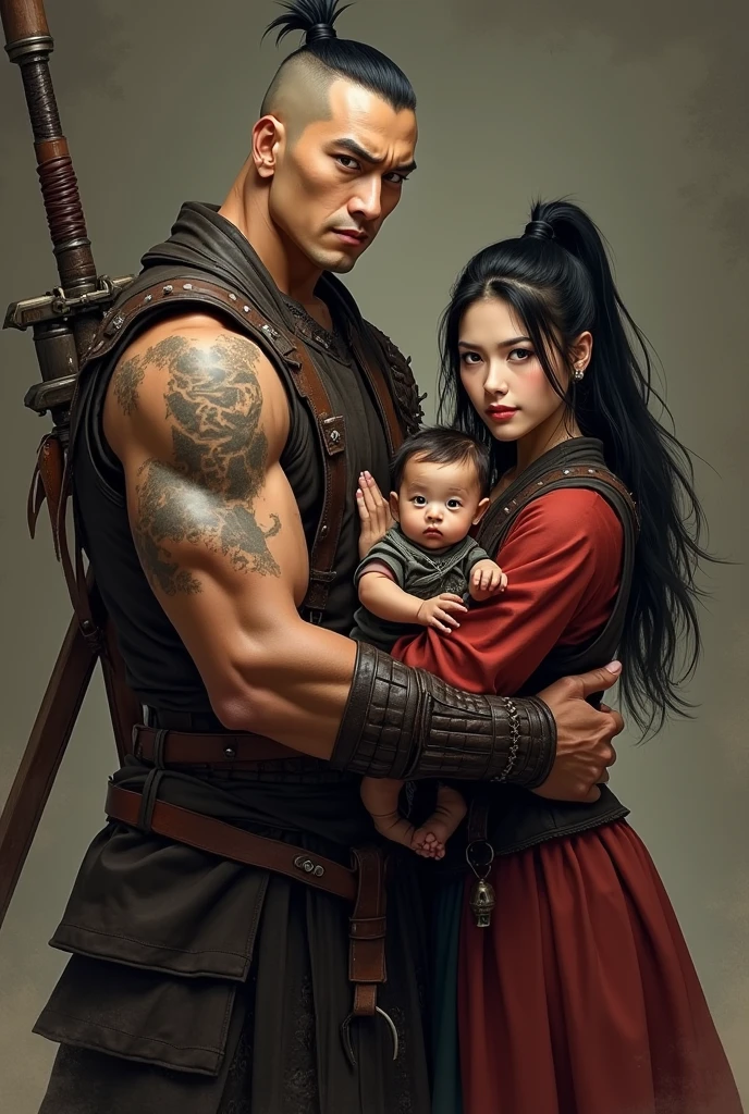 A warrior in leather clothes , holding a 6 year old boy in his arms , the setting is a dark swamp covered in reeds
