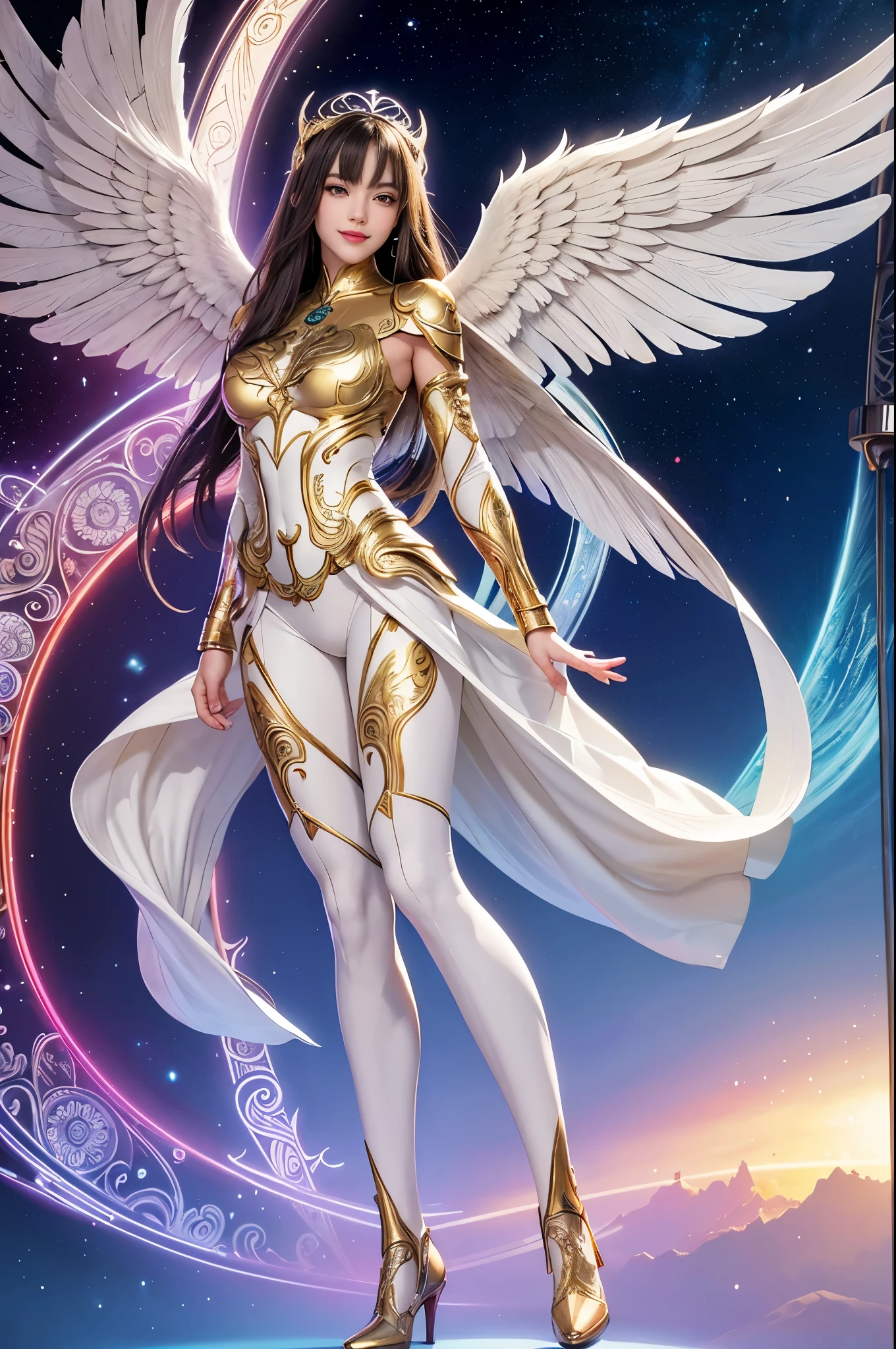 (1 girl) (full shot). best quality, masterpiece,  (realistic:1.2), 1 girl, brown hair, brown eyes,Front, detailed face, beautiful eyes. a woman with long hair and a dress with wings, ethereal angelic being of light, glowing angelic being, colorful digital fantasy art, beautiful angel, rainbow wings, ethereal rainbow nimbus, beautiful female angel, of beautiful angel, goddess of light, ethereal wings, elven angel meditating in space, epic angel wings, angel spirit guide with long hair, inspired by angel beings, seductive face and gaze ((a beautiful fantasy empress)), seductive anime girl, beautiful angelic woman, glamorous tifa lockheart, beautiful enchanting face, angel lady in ethereal armor, (lingerie:1.2), photo realistic, upon_body, tyndall effect, photorealistic, dark studio, rim lighting, two tone lighting, (high detailed skin:1.2), 8k uhd, dslr, soft lighting, high quality, volumetric lighting, candid, Photograph, high resolution, 4k, 8k, Bokeh, breast out, (:0.9), (purple eyes color), (transparent armor:1.0), big breast. I cant believe how beautiful this is.