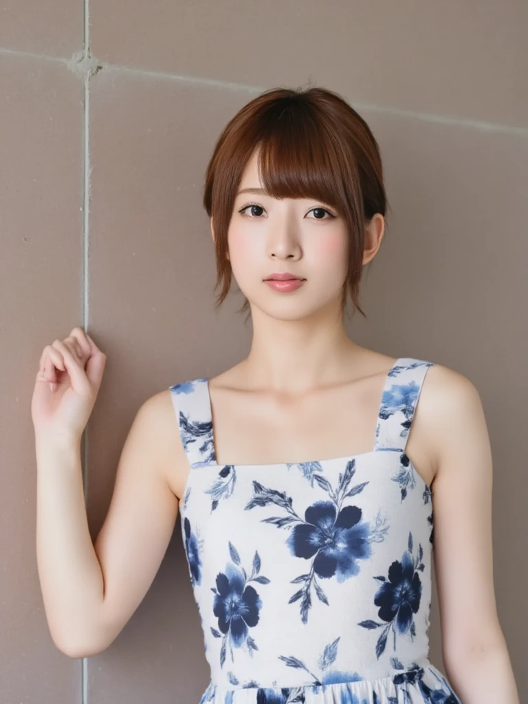 (Highest quality、8K、32k、masterpiece)、(Realistic)、(Realistic:1.2)、(High resolution)、Very detailed、Very beautiful face and eyes、1 Girl、Round and small face、Tight waist、Delicate body、(Highest quality、Attention to detail、Rich skin detail)、(Realistic、Realistic:1.37)、Bright colors、(((Chestnut Hair)))、(((Upper Body Shot)))、(((Medium Hair)))、(((Fair skin)))、(((White wall background)))、(((White wall background)))、(((Glaring face)))、(((Arms crossed)))、(((Wear a tank top)))、(((Arms folded in front of the body)))、(((Botanical print tank top)))、(((White clothes with light blue plant pattern)))