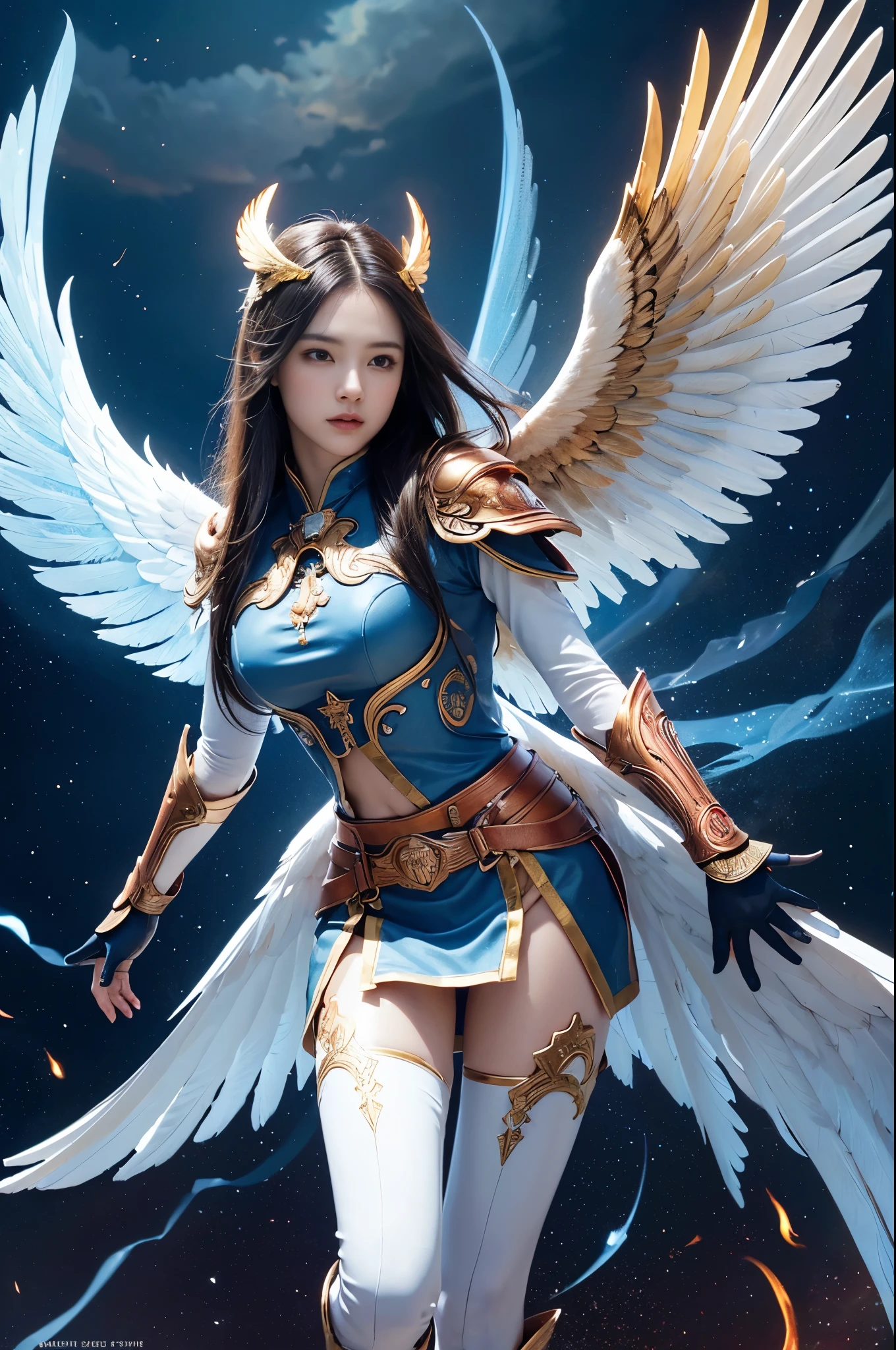 a girl, 4 arms, 4 wings, nimbus, angelic appearance, priest, magic priest's staff, leather armor, sacred symbol, best quality, 4k, 8k, highres, masterpiece:1.2, ultra-detailed, realistic, photorealistic, photo-realistic:1.37, HDR, UHD, studio lighting, ultra-fine painting, sharp focus, physically-based rendering, extreme detail description, professional, vivid colors, bokeh, fantasy, digital art