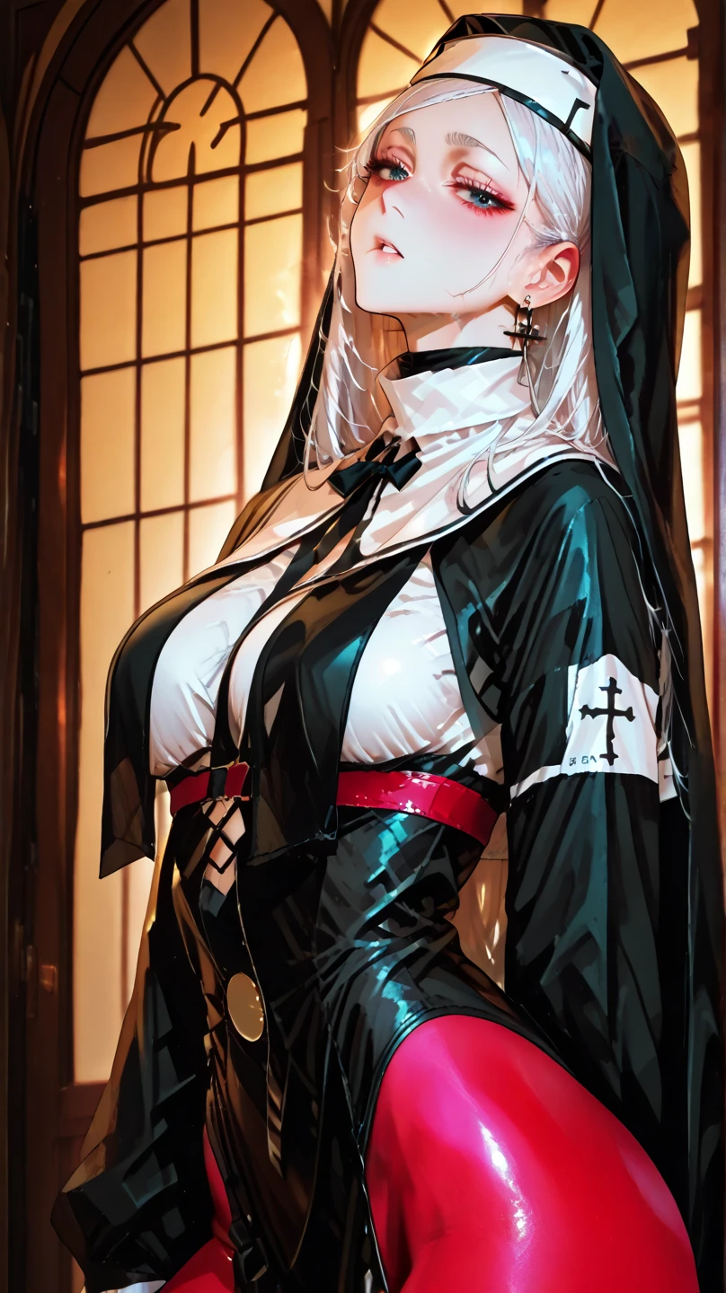 Sexy demon nun, wearing latex lingerie, posing for a photo, red neon lights, Red background, darksynth aesthetics, fetish fashion aesthetics, perfect body, sexy nun, Demon Woman, Gothic fashion, gothic aesthetics, Vampire aesthetics.