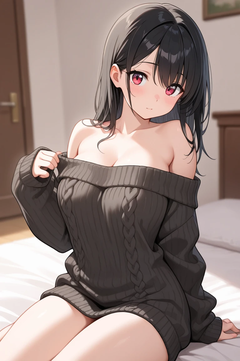 NSFW,One girl,Long sweater,Off the shoulder,Small breasts,(Perfect hands),(Perfect Anatomy),(masterpiece),(highest quality),Embarrassed,smile,blush,Home,living room