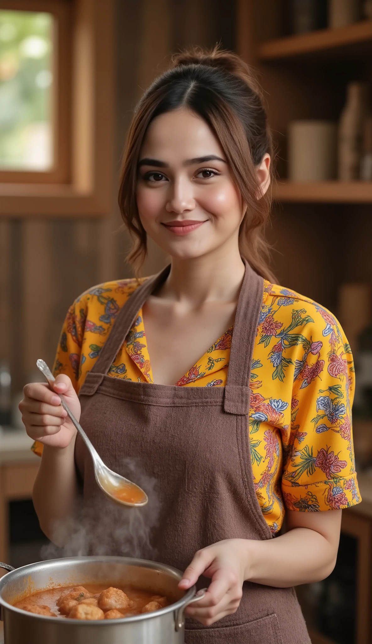 A beautiful Indonesian woman with a round face and warm expression, wearing a patterned traditional apron, tied hair, and soft glowing skin. She stirs a steaming pot of meatball noodle soup in a rustic wooden kitchen, glancing warmly toward the viewer. Morning sunlight pours through a small window, casting soft shadows. Realistic photography, detailed textures, cinematic lighting, photorealistic, 8K, warm color tone.
